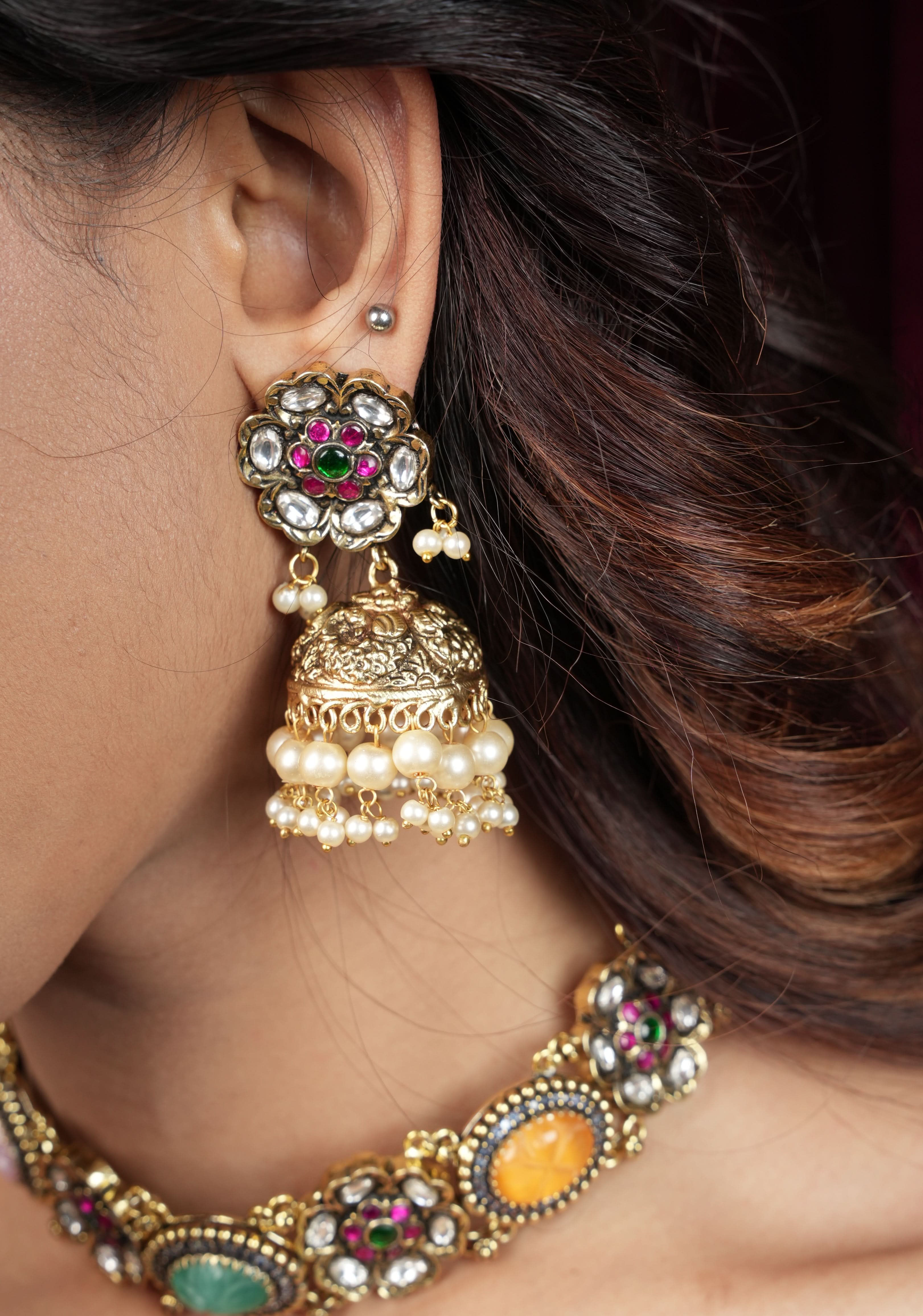 Multicolor Stones Contemporary Choker Set with Jhumka Earrings| Shobitam Jewelry