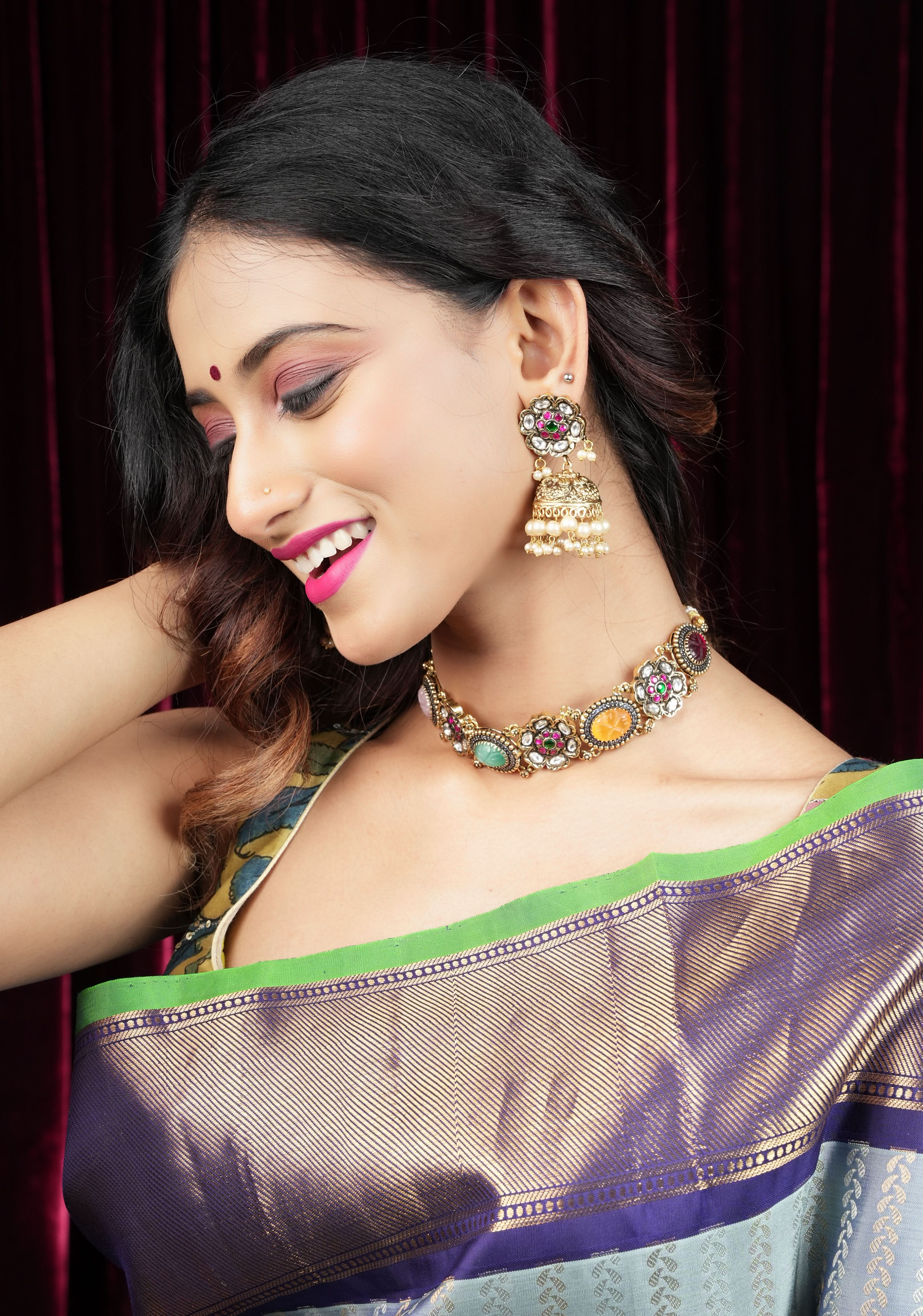 Multicolor Stones Contemporary Choker Set with Jhumka Earrings| Shobitam Jewelry