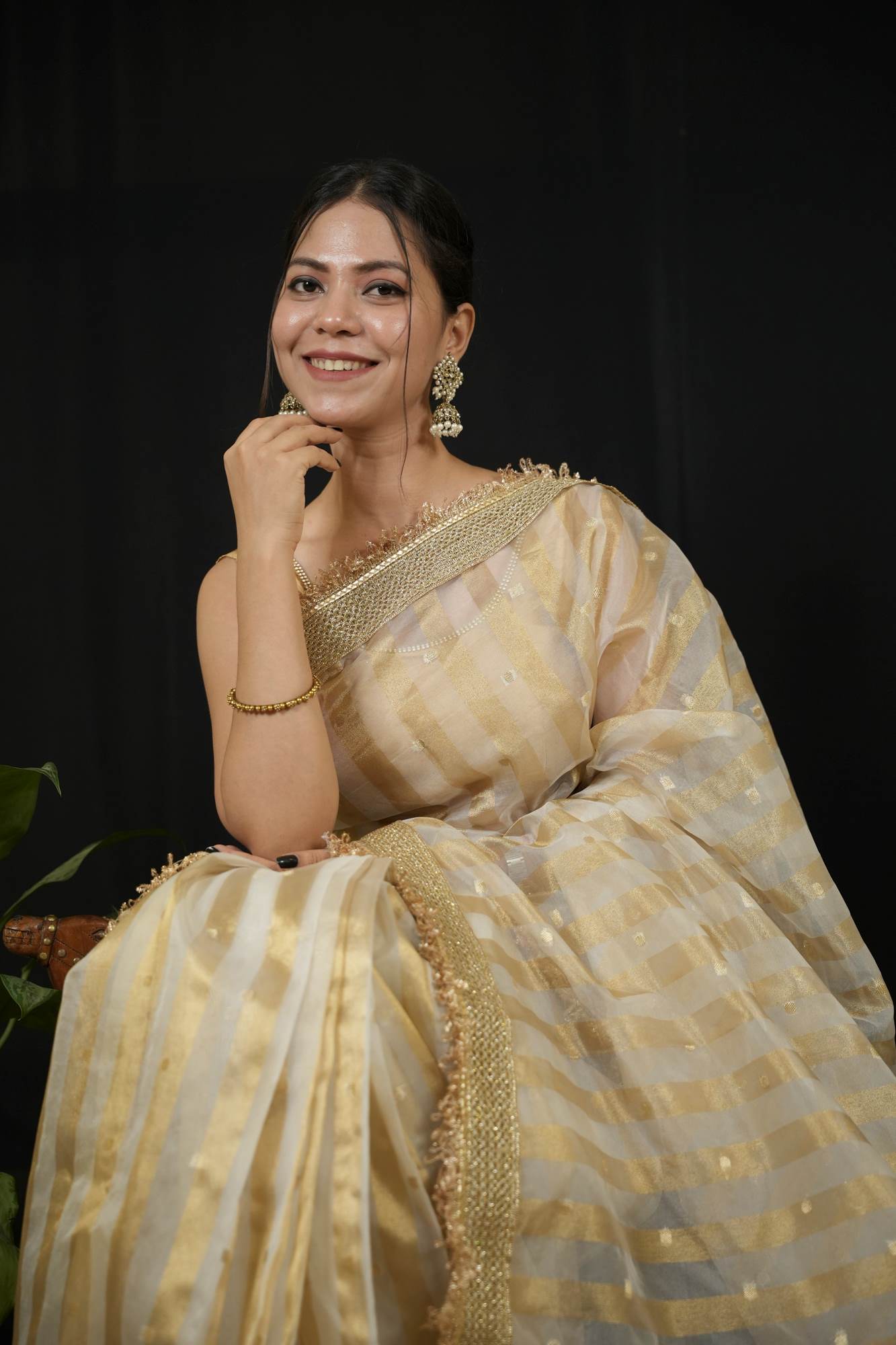 Tissue Silk Saree with Golden strips Ready to wear Saree