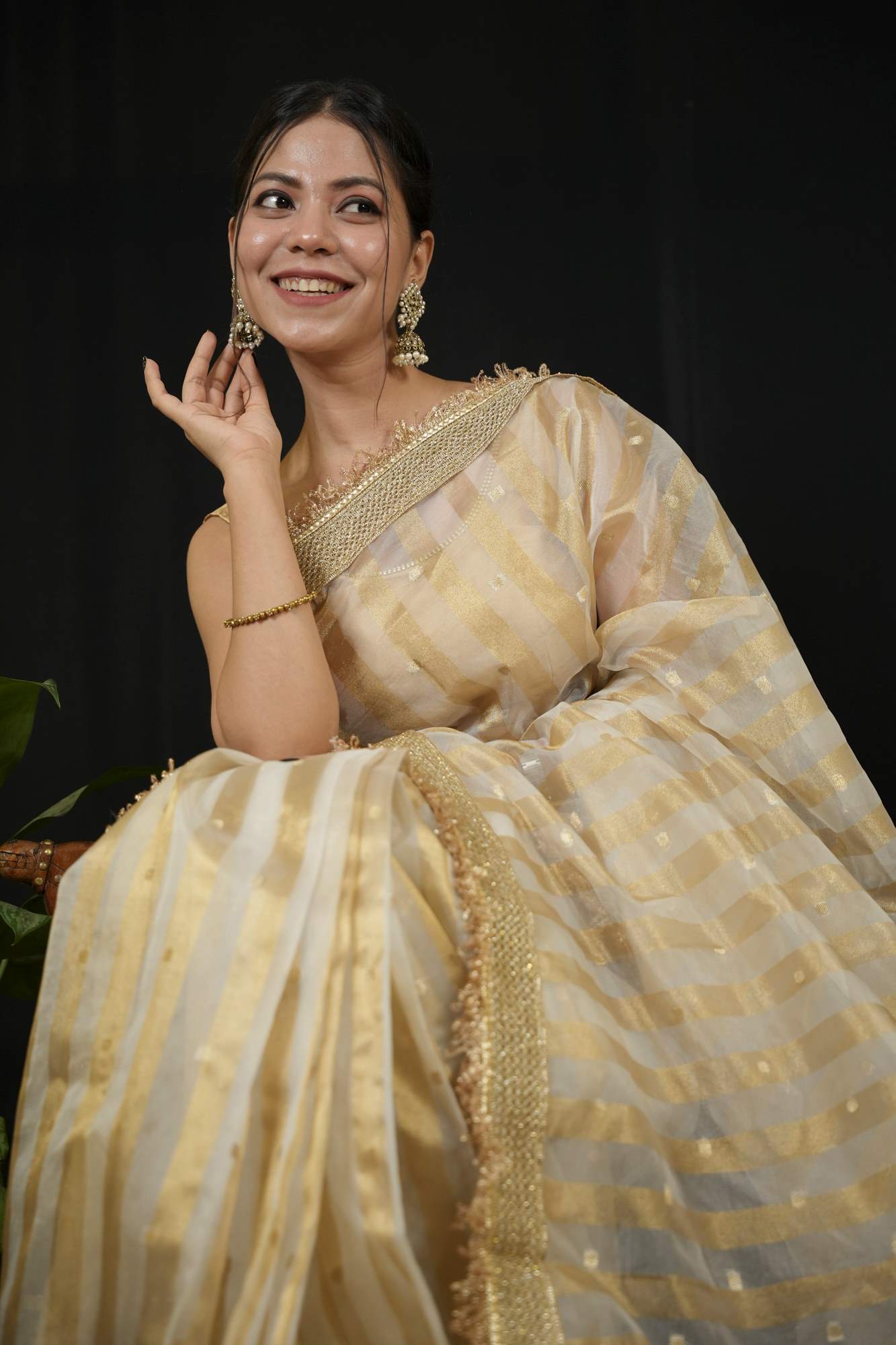 Tissue Silk Saree with Golden strips Ready to wear Saree