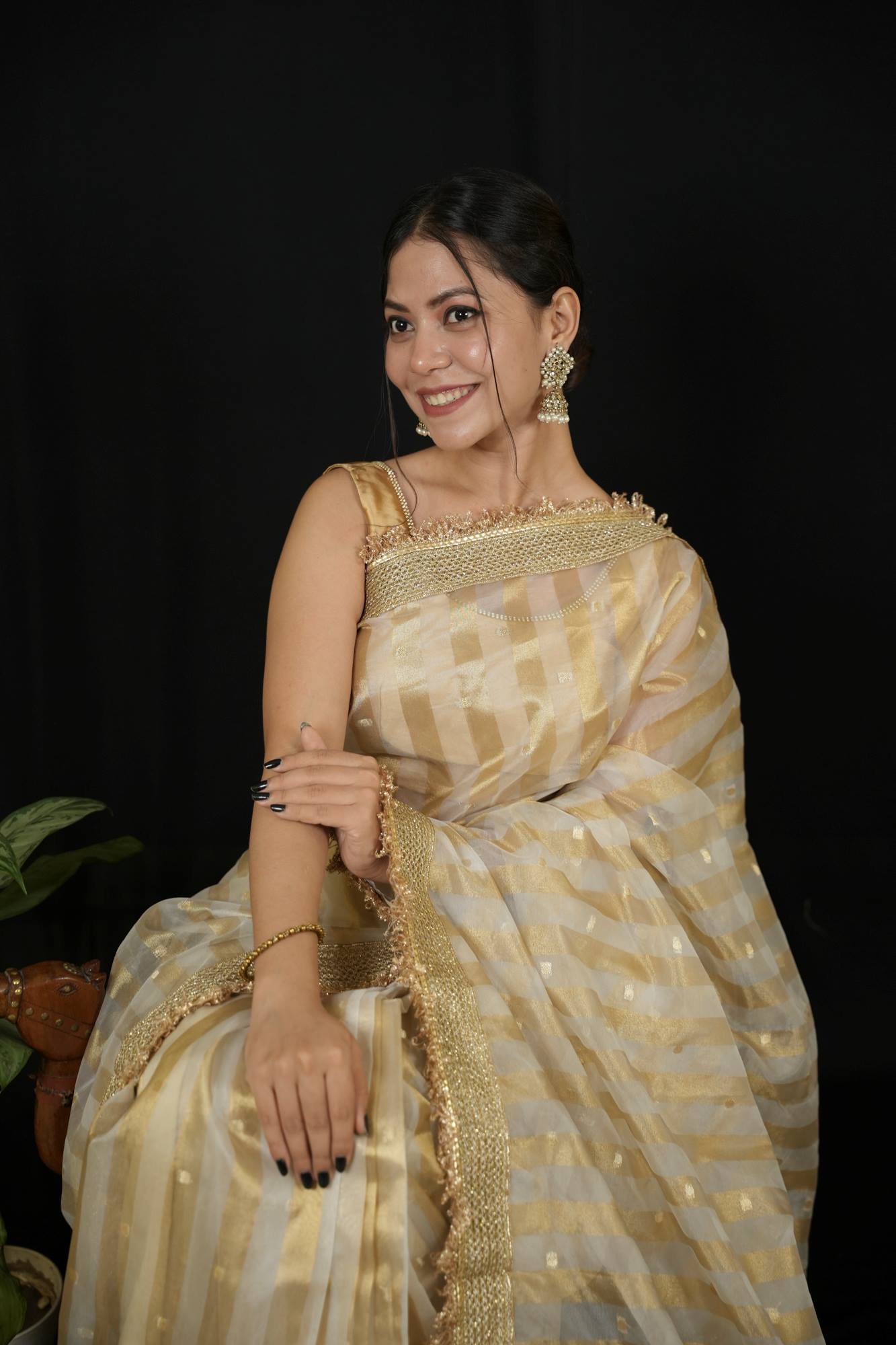 Tissue Silk Saree with Golden strips Ready to wear Saree