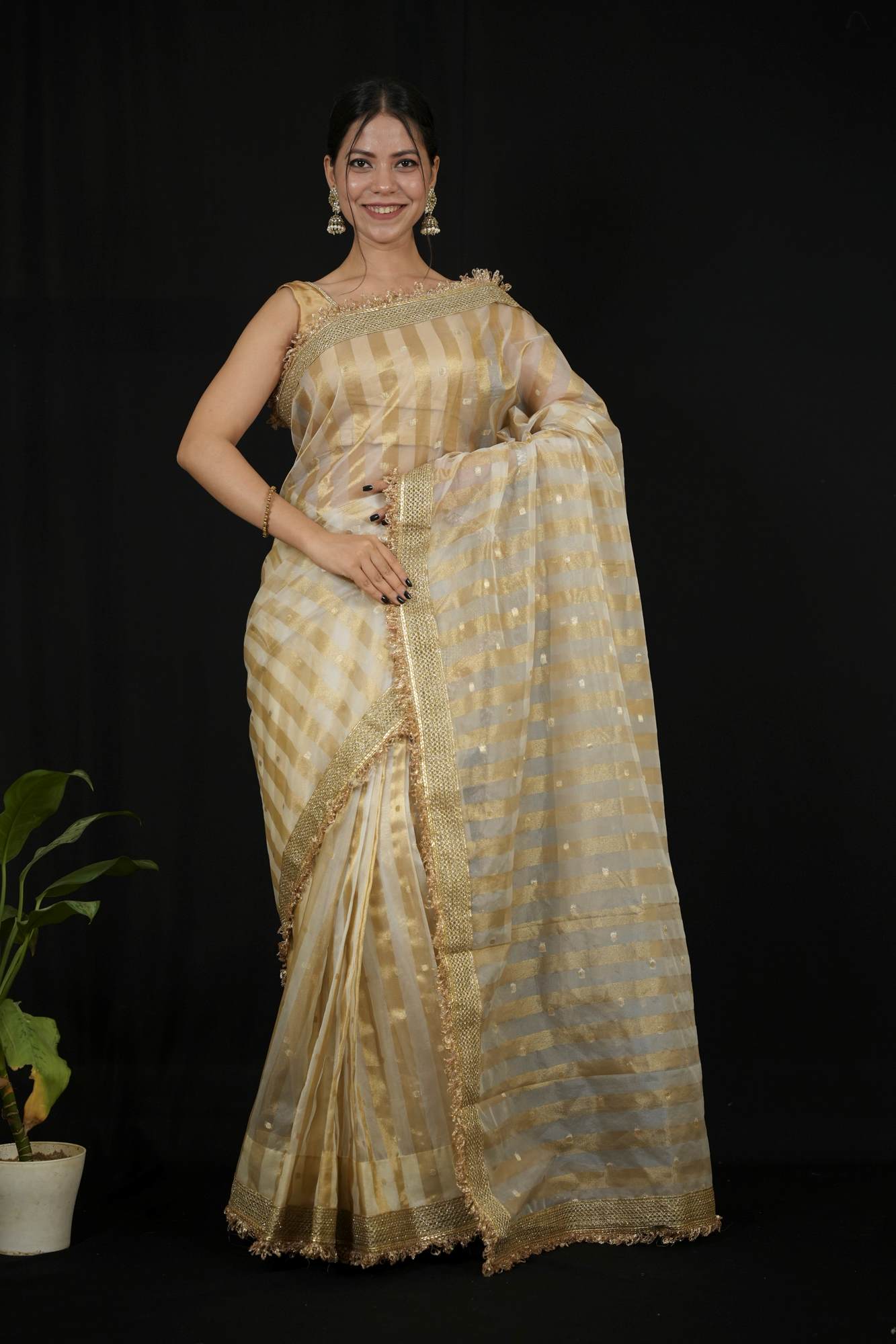 Tissue Silk Saree with Golden strips Ready to wear Saree