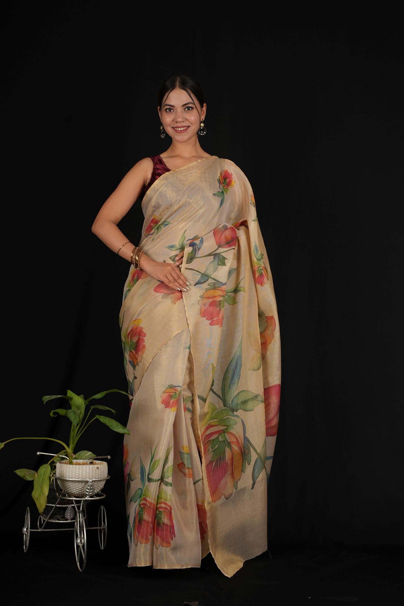 Beautiful White Tissue Cotton With Multicoloured floral Print Ready to wear saree