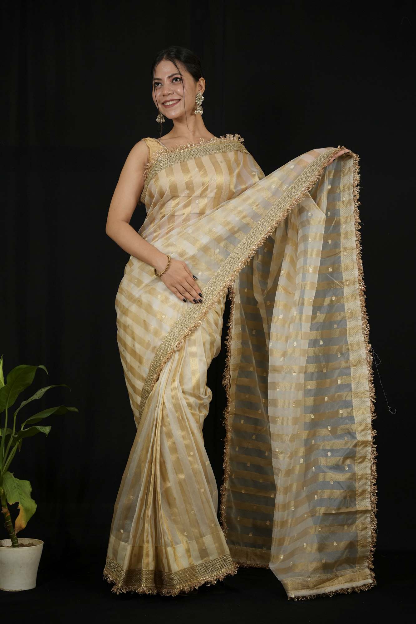 Tissue Silk Saree with Golden strips Ready to wear Saree