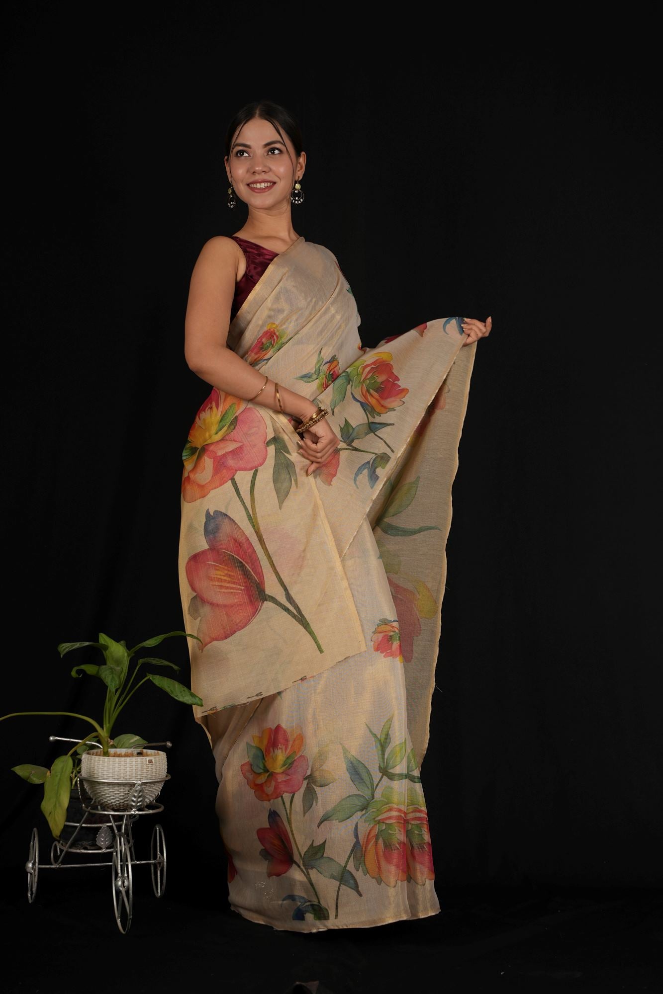 Beautiful White Tissue Cotton With Multicoloured floral Print Ready to wear saree