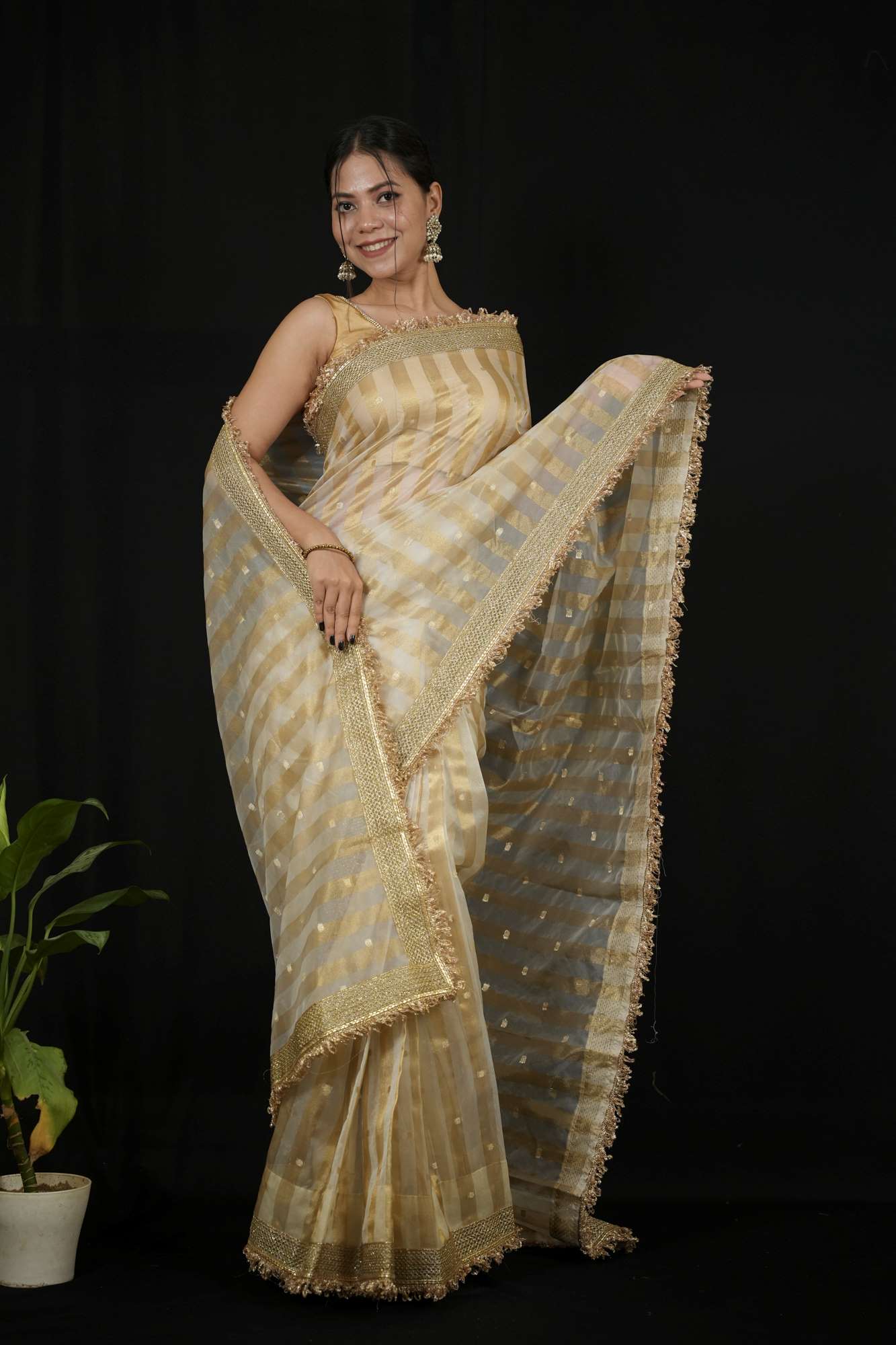 Tissue Silk Saree with Golden strips Ready to wear Saree