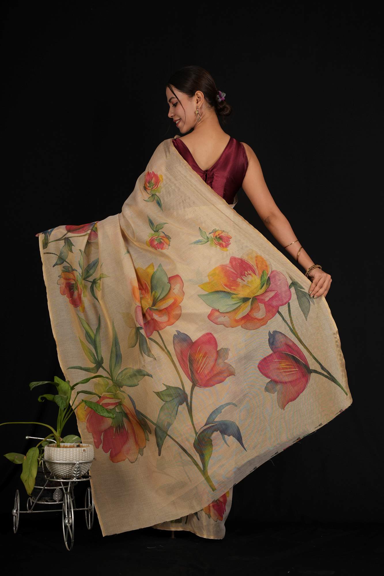 Beautiful White Tissue Cotton With Multicoloured floral Print Ready to wear saree