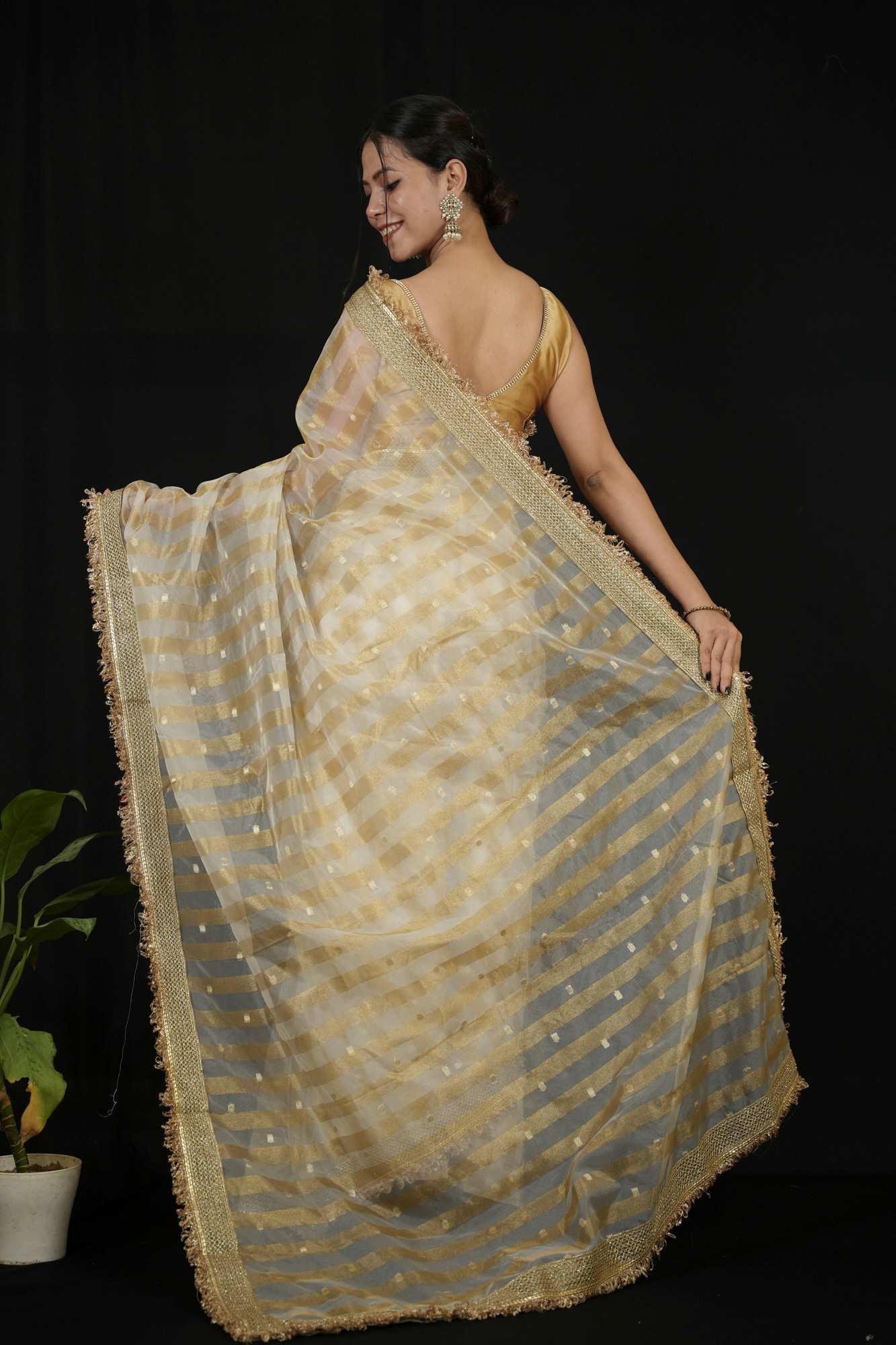 Tissue Silk Saree with Golden strips Ready to wear Saree