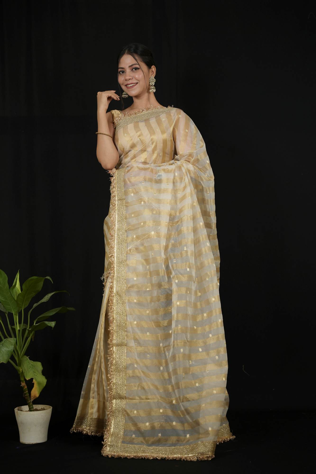 Tissue Silk Saree with Golden strips Ready to wear Saree