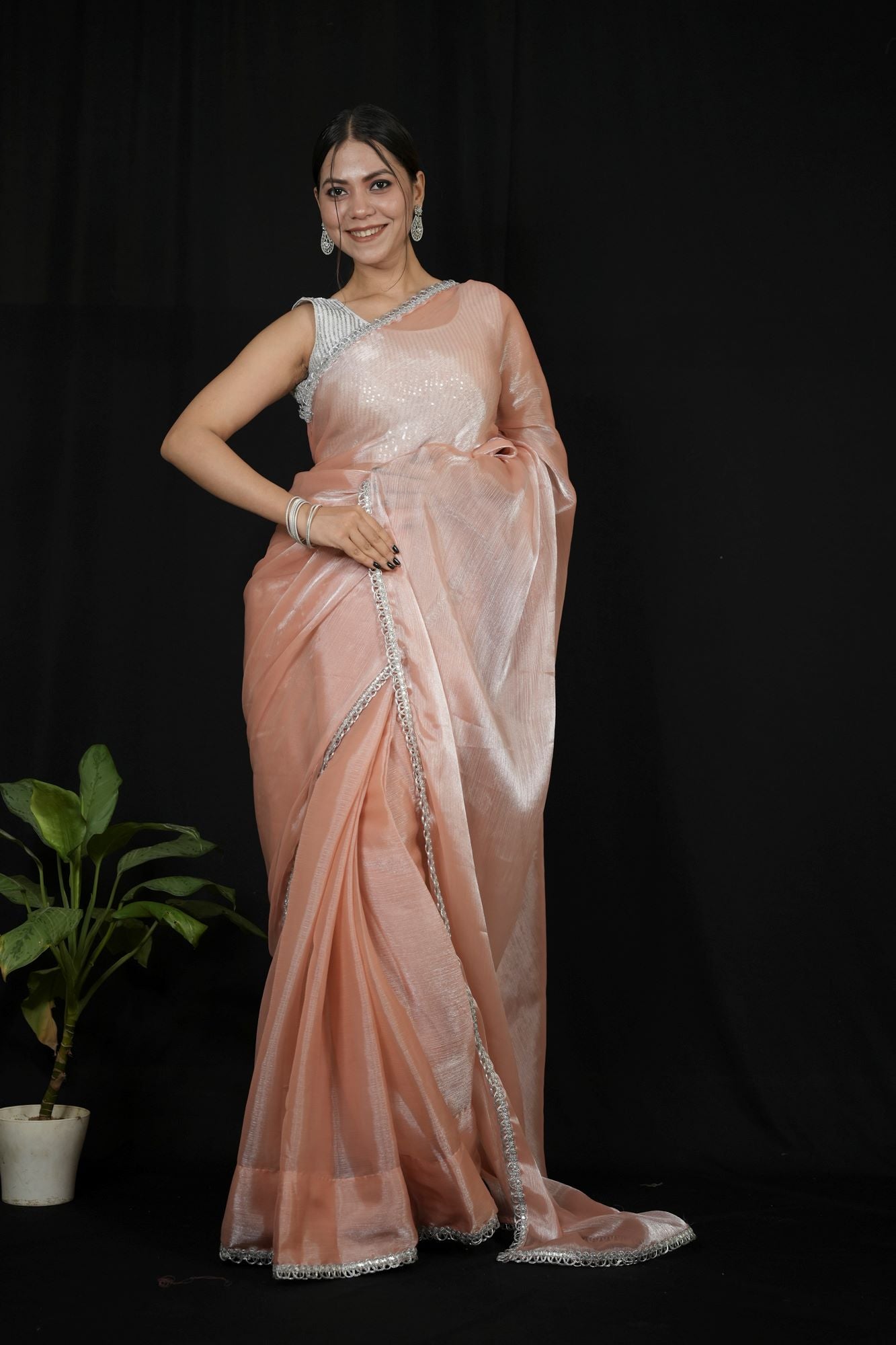 Elegant Peach Chiffon Silk with Overall Silver Lace Ready to wear Saree