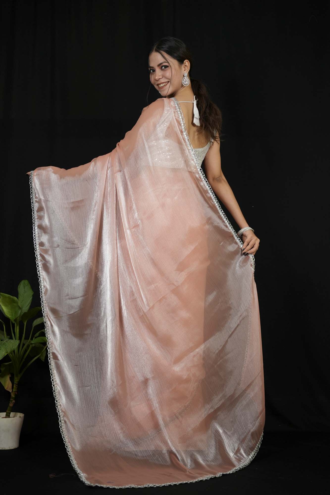 Elegant Peach Chiffon Silk with Overall Silver Lace Ready to wear Saree