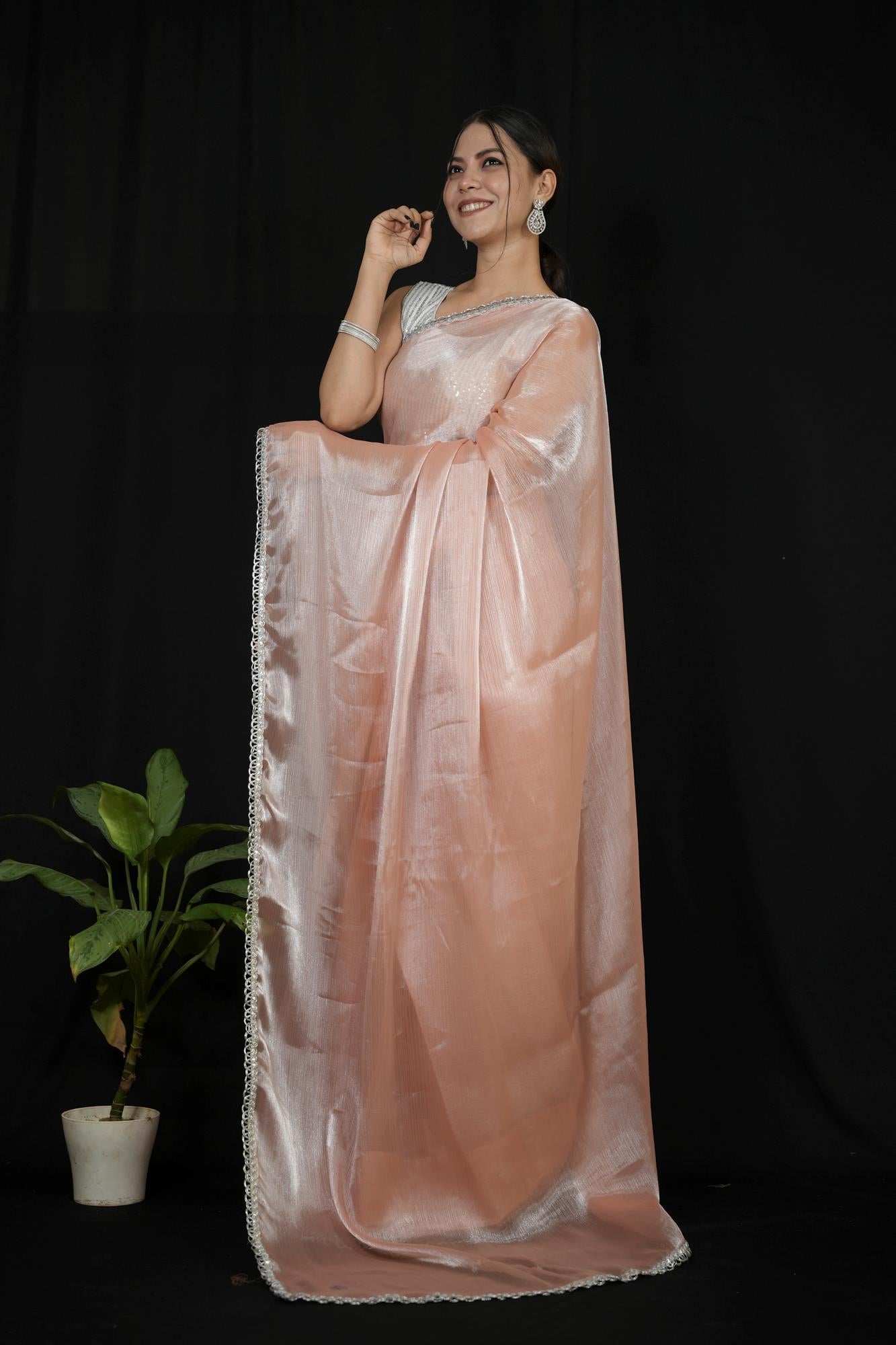 Elegant Peach Chiffon Silk with Overall Silver Lace Ready to wear Saree