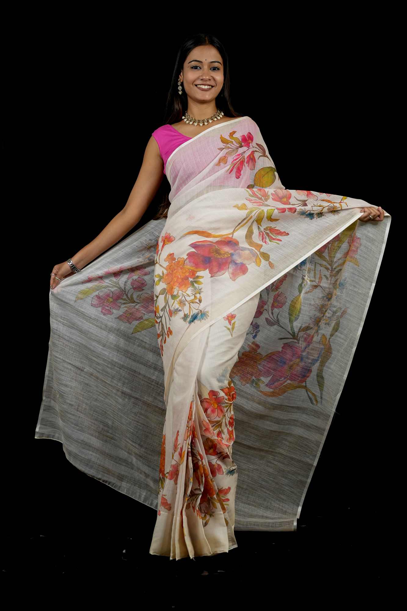 Linen with Watercolor Floral Print Ready To Wear Saree