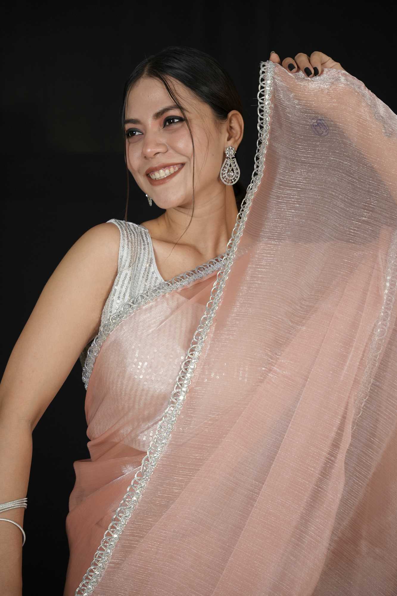 Elegant Peach Chiffon Silk with Overall Silver Lace Ready to wear Saree