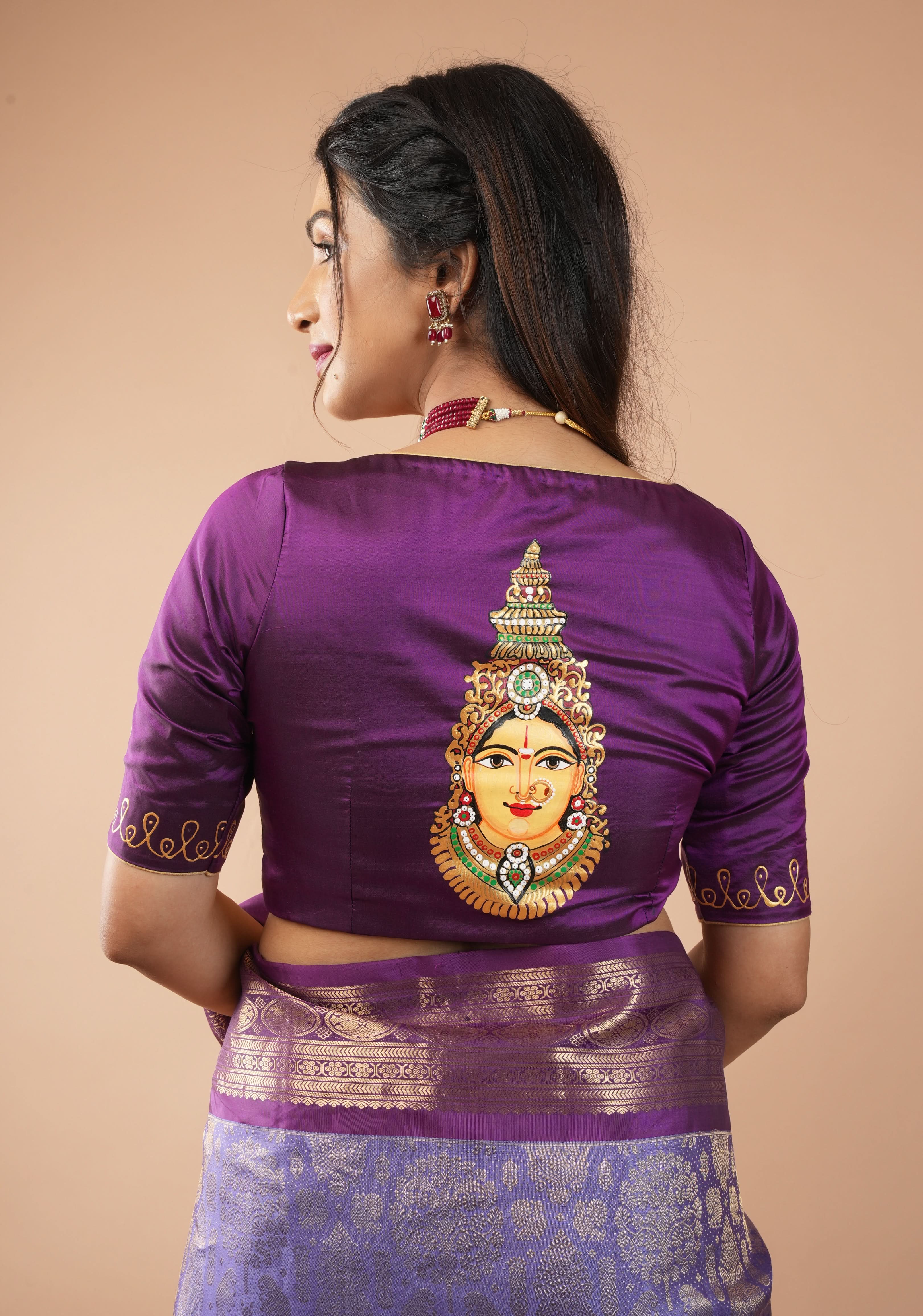 Varalakshmi Face Tanjore Handpainting on Purple Pure Silk Blouse, Made to Order, Customizable | Shobitam