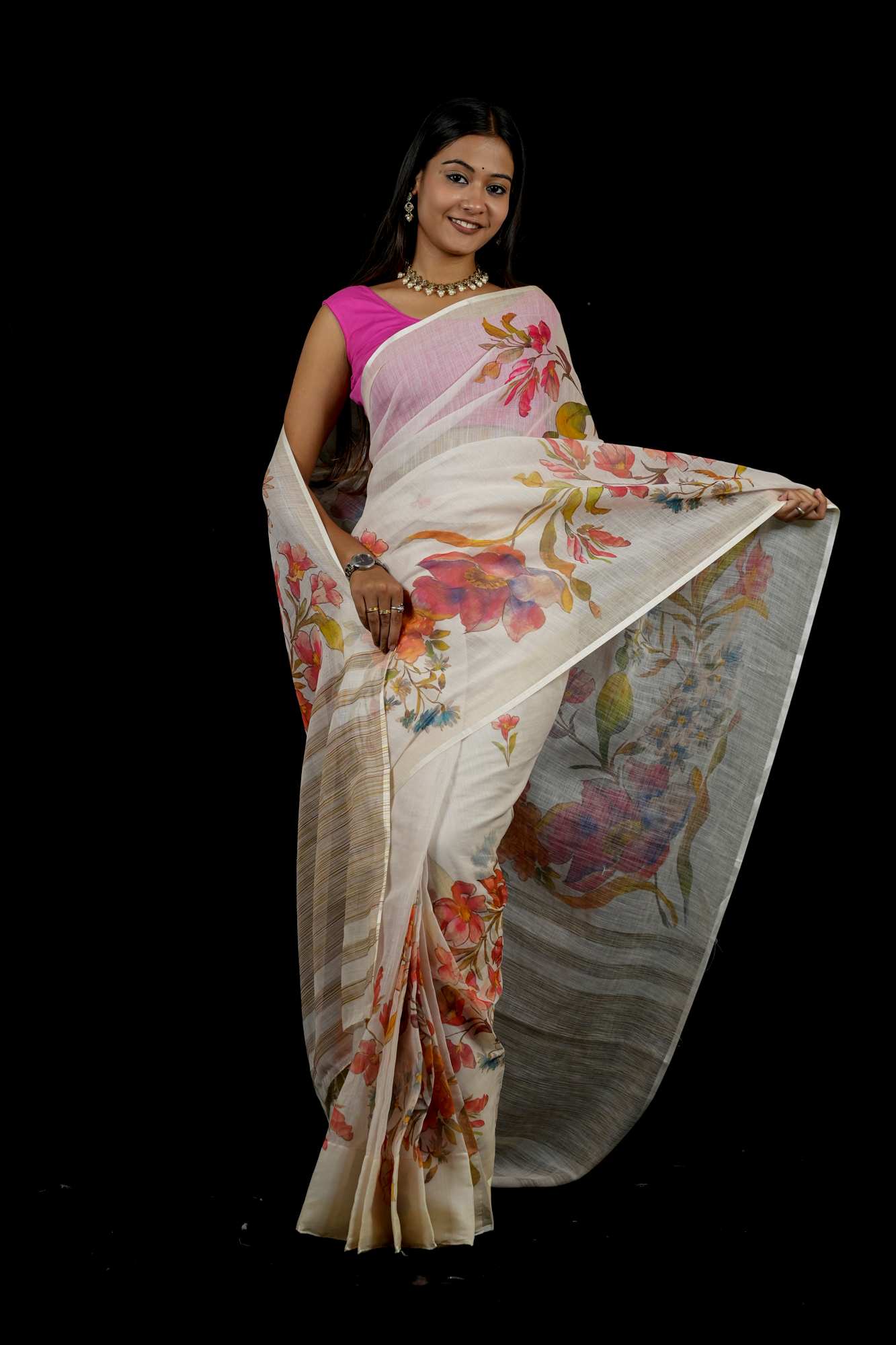 Linen with Watercolor Floral Print Ready To Wear Saree