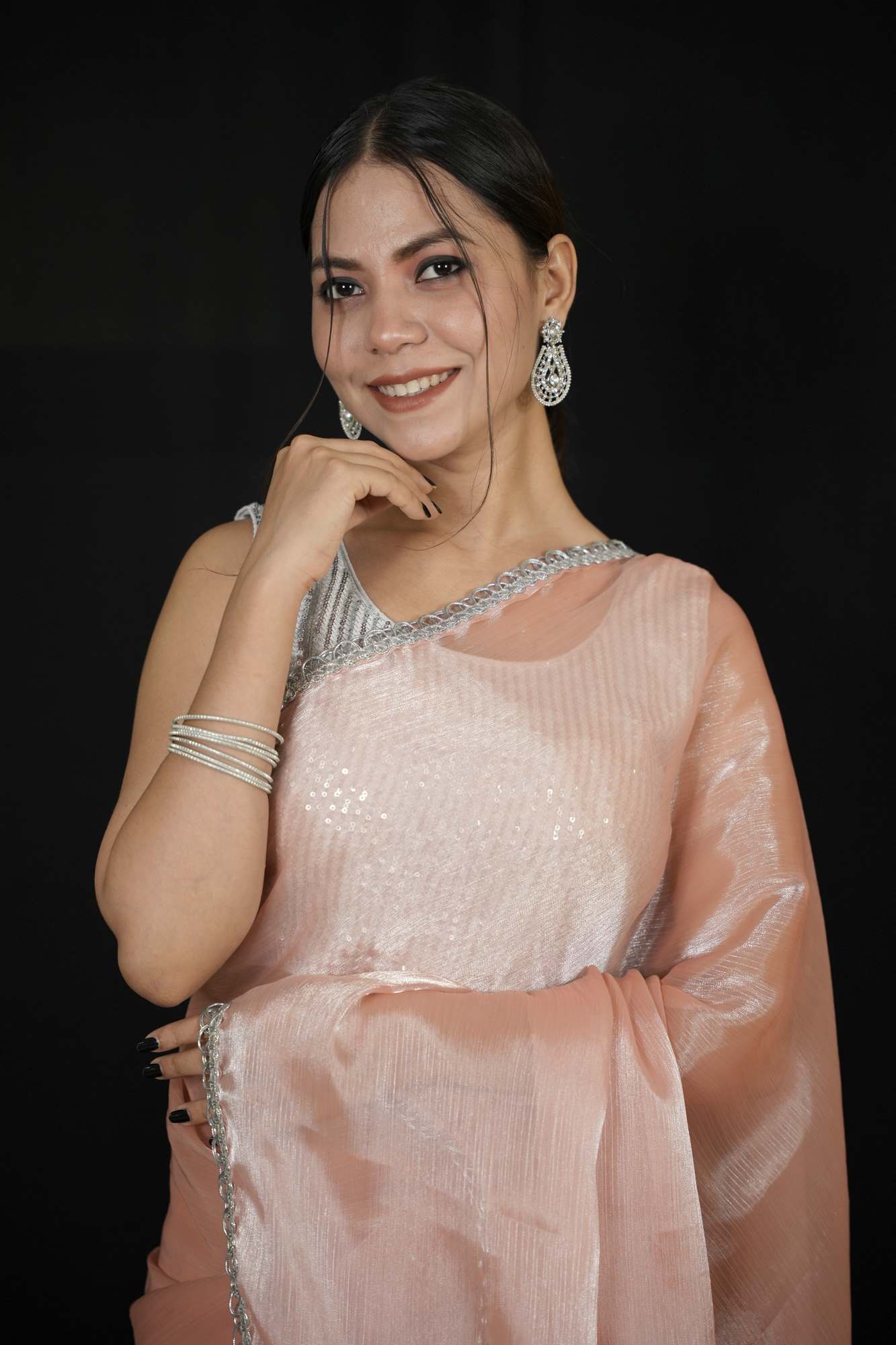 Elegant Peach Chiffon Silk with Overall Silver Lace Ready to wear Saree