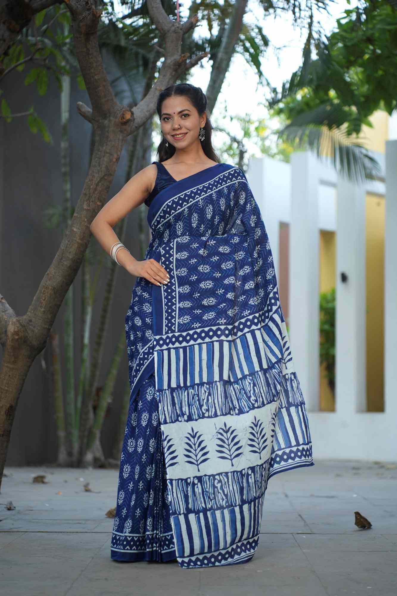 Indigo mulmul cotton ready to wear saree