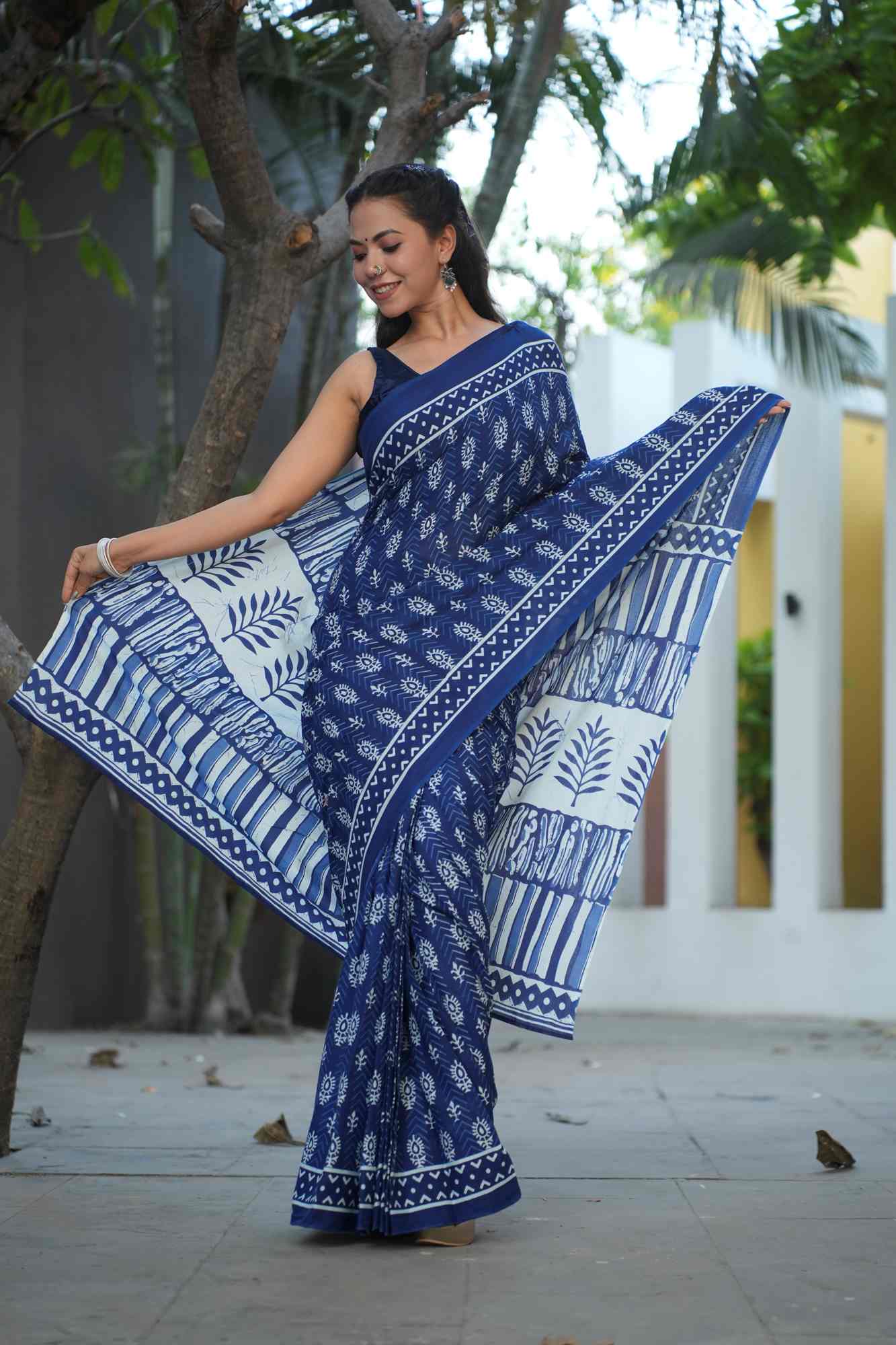 Indigo mulmul cotton ready to wear saree
