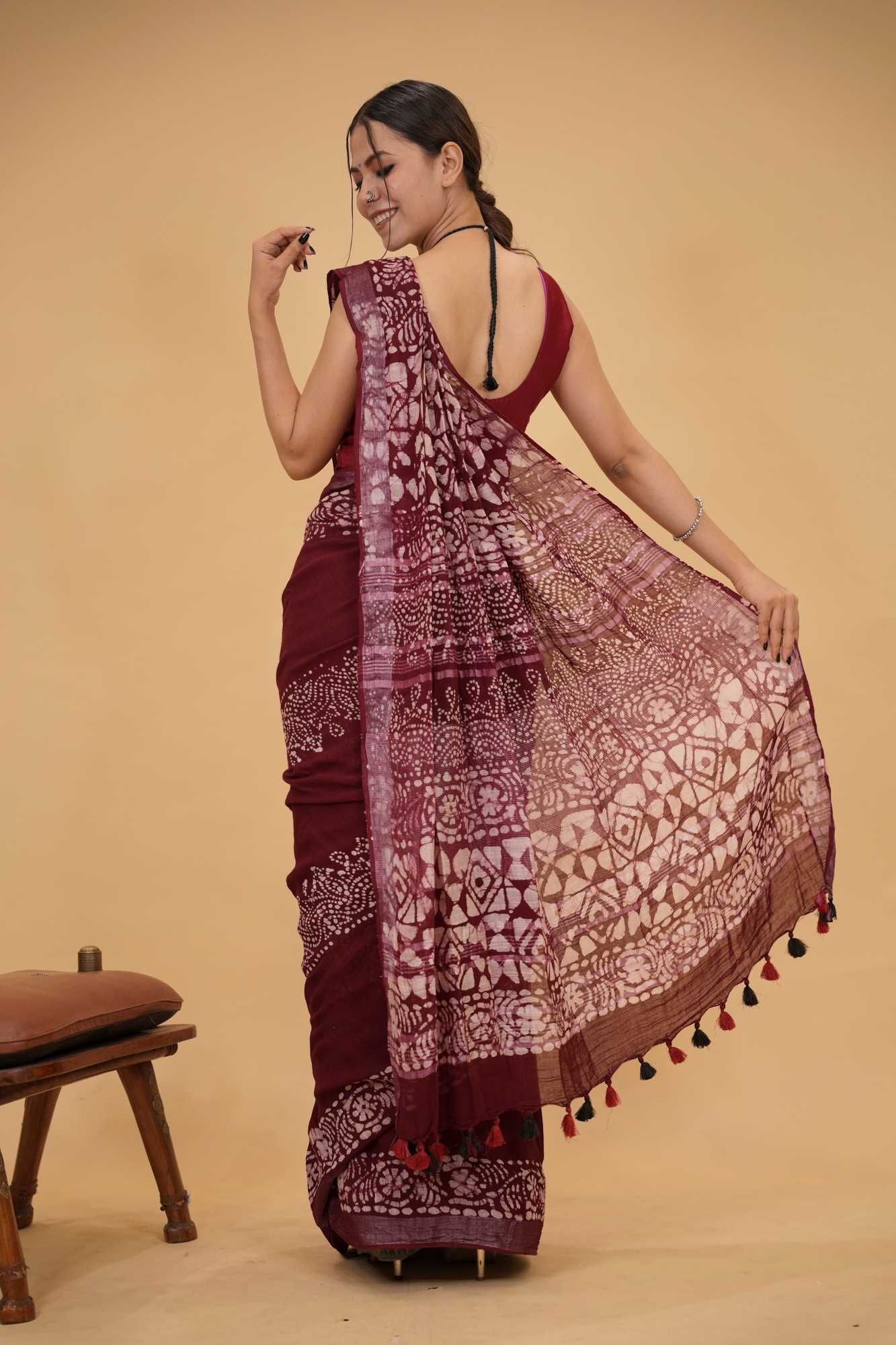 Linen Cotton with Beautiful Jaipuri Print Ready to wear Saree