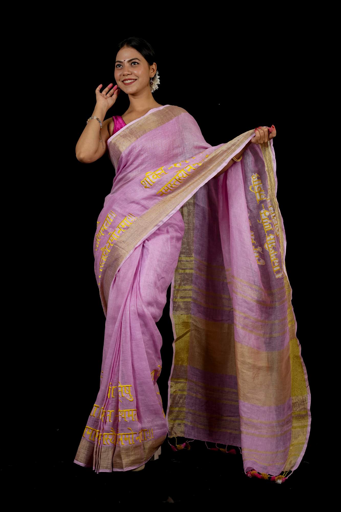 Ready To Wear Devi Shloka Embroidered Saree In Lilac pure linen by linen