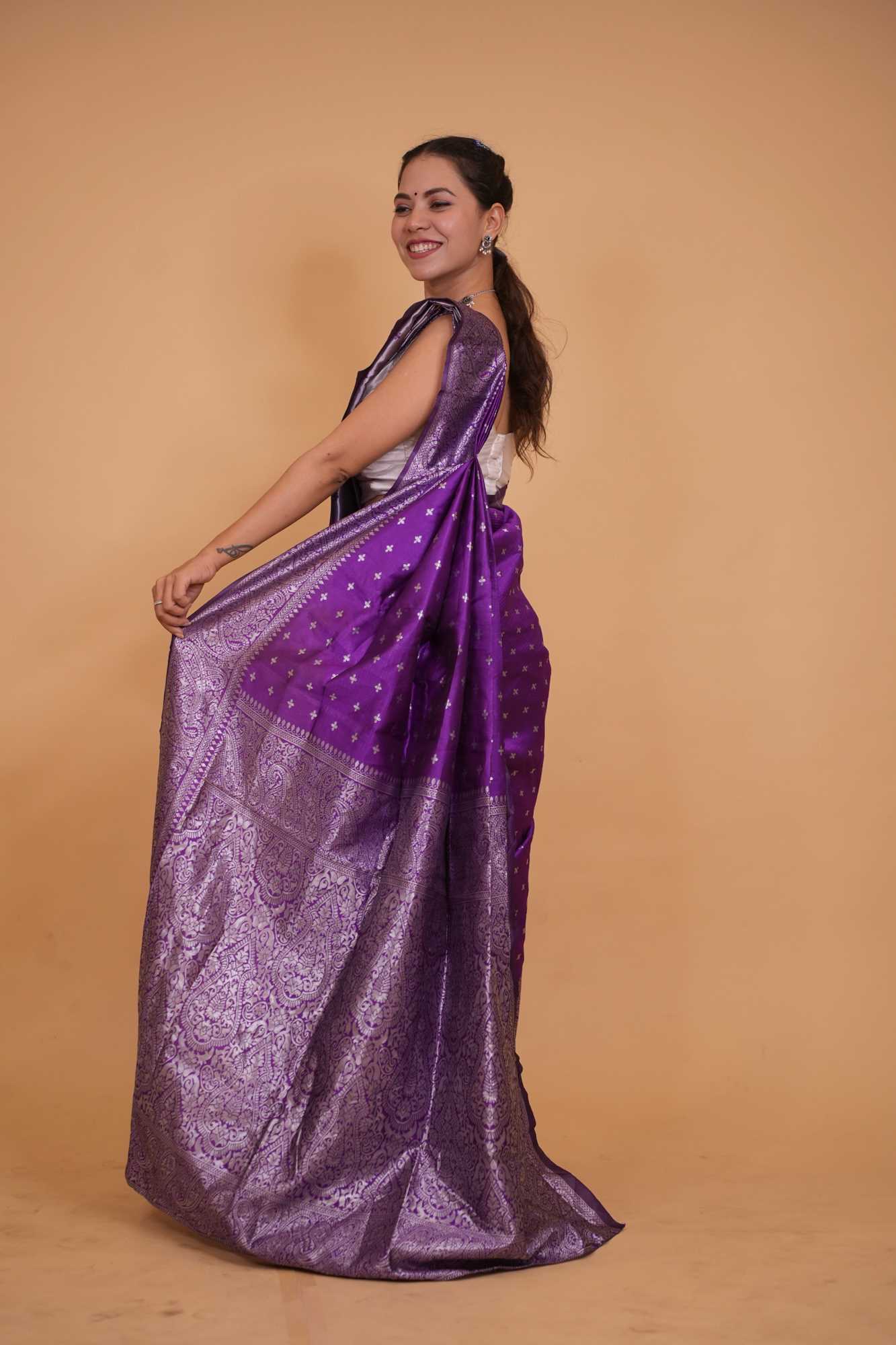 Gorgeous Purple Banarasi Soft Tissue Silk with Allover Zari Weaving , Paisley or Floral motifs & Weaving Pallu Wrap in 1 minute Saree