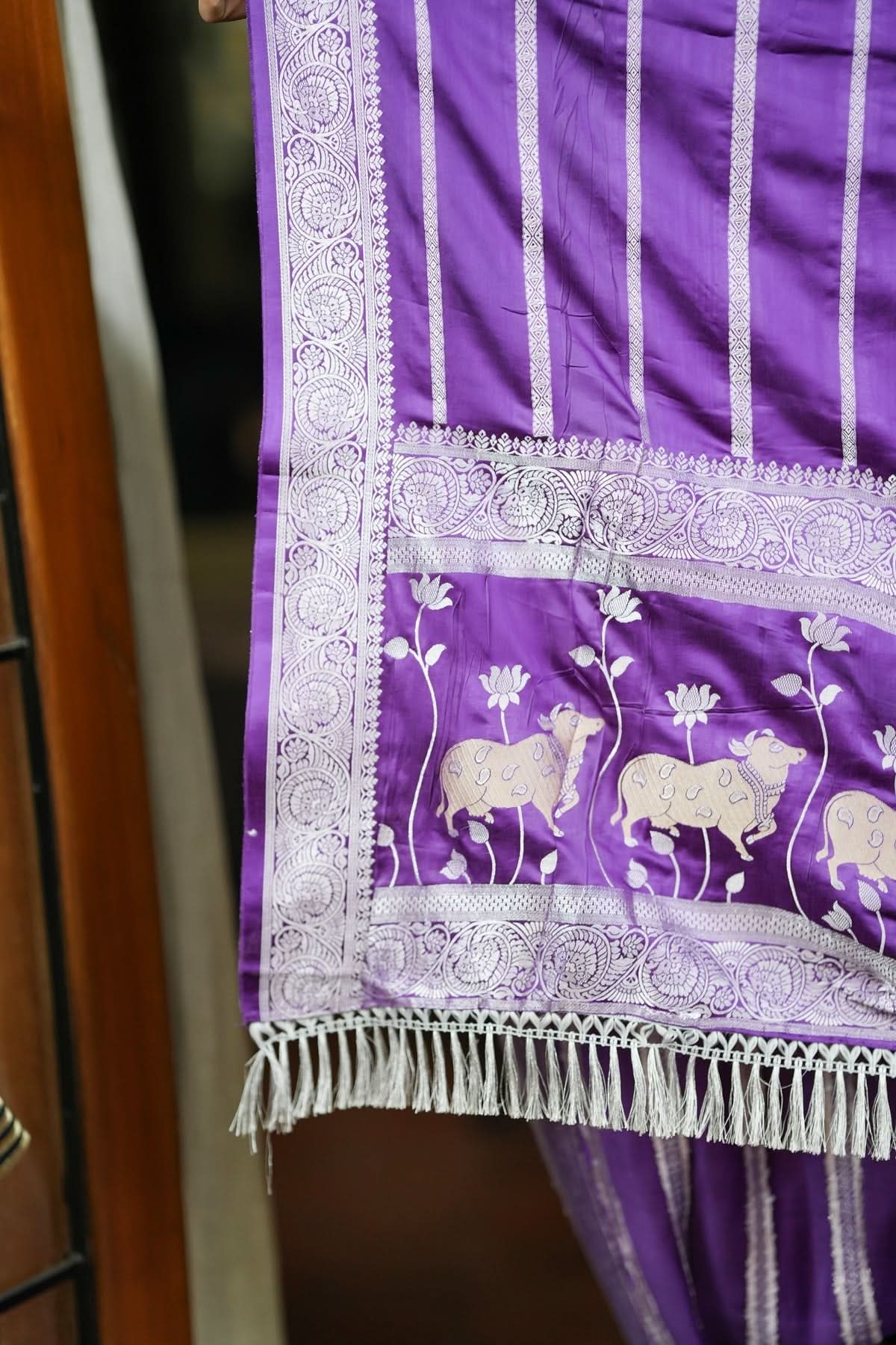 Deep Purple Viscose Satin Saree With Silver Zari Stripes and Pichwai Pallu | SHOBITAM