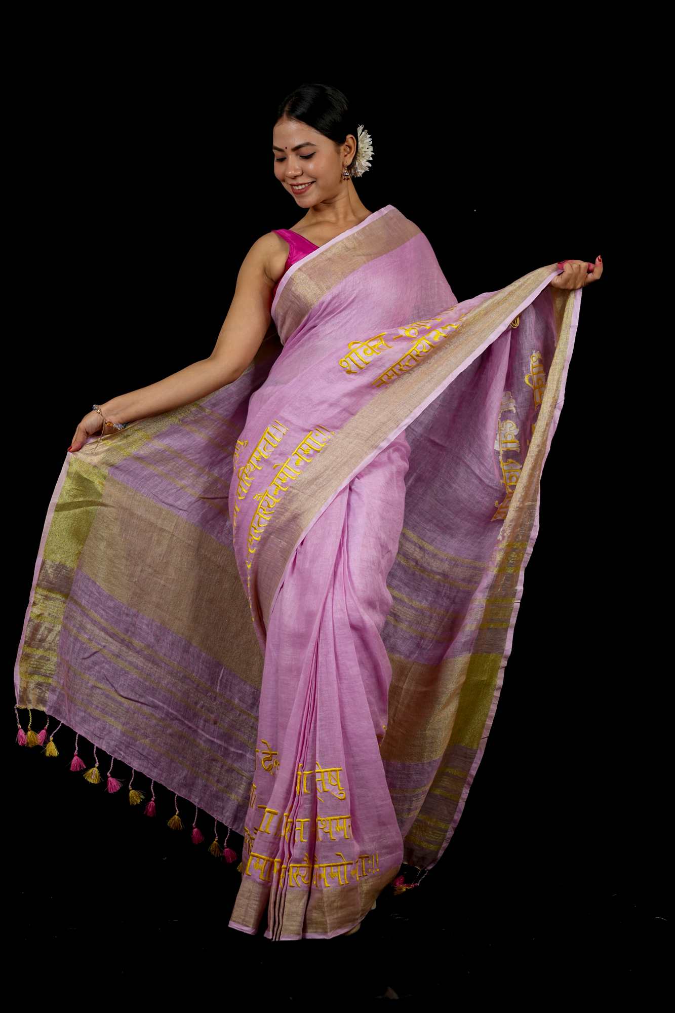 Ready To Wear Devi Shloka Embroidered Saree In Lilac pure linen by linen