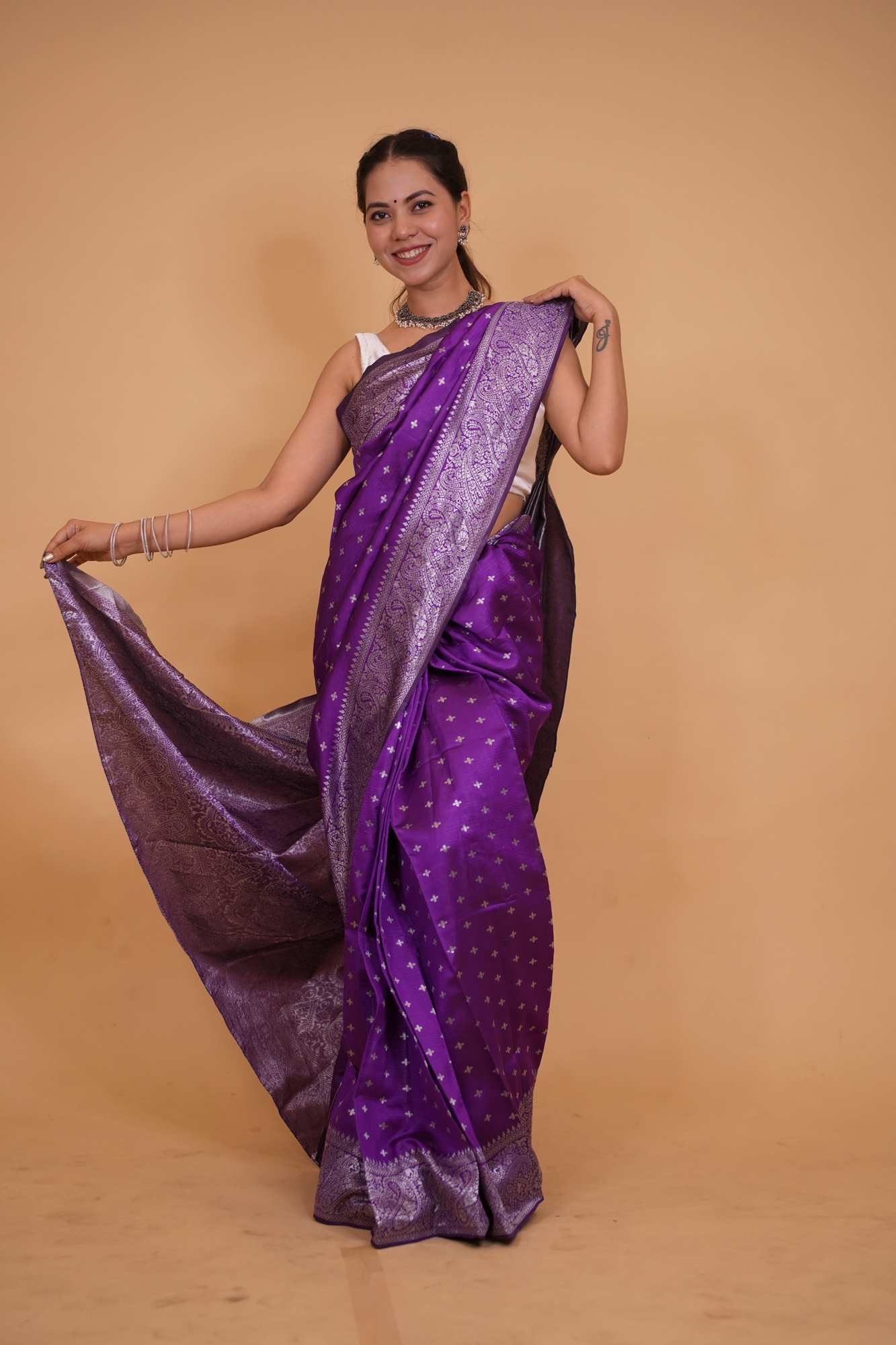 Gorgeous Purple Banarasi Soft Tissue Silk with Allover Zari Weaving , Paisley or Floral motifs & Weaving Pallu Wrap in 1 minute Saree