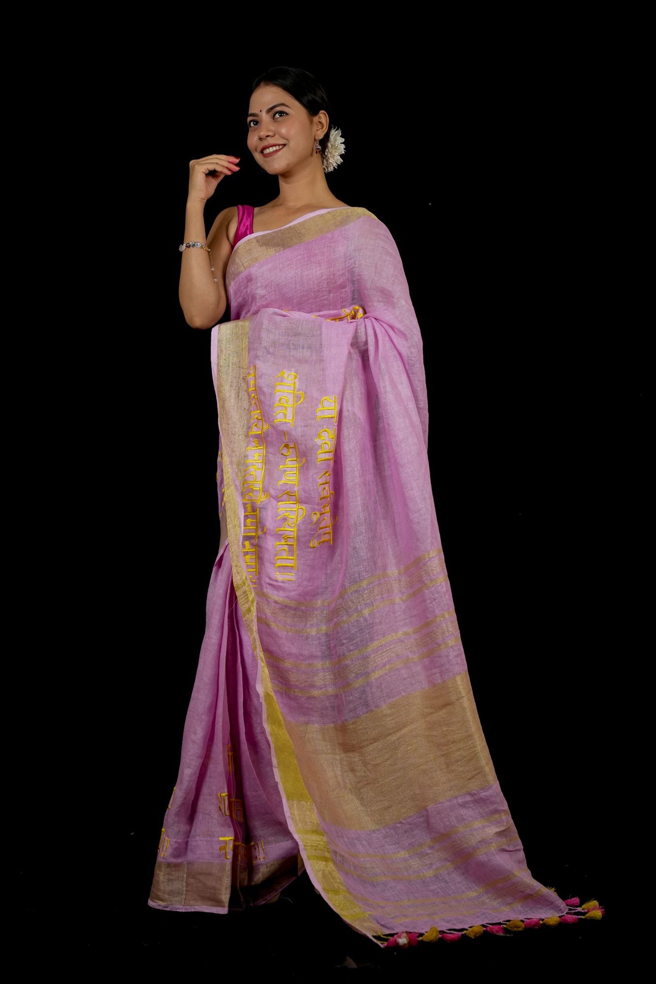 Ready To Wear Devi Shloka Embroidered Saree In Lilac pure linen by linen