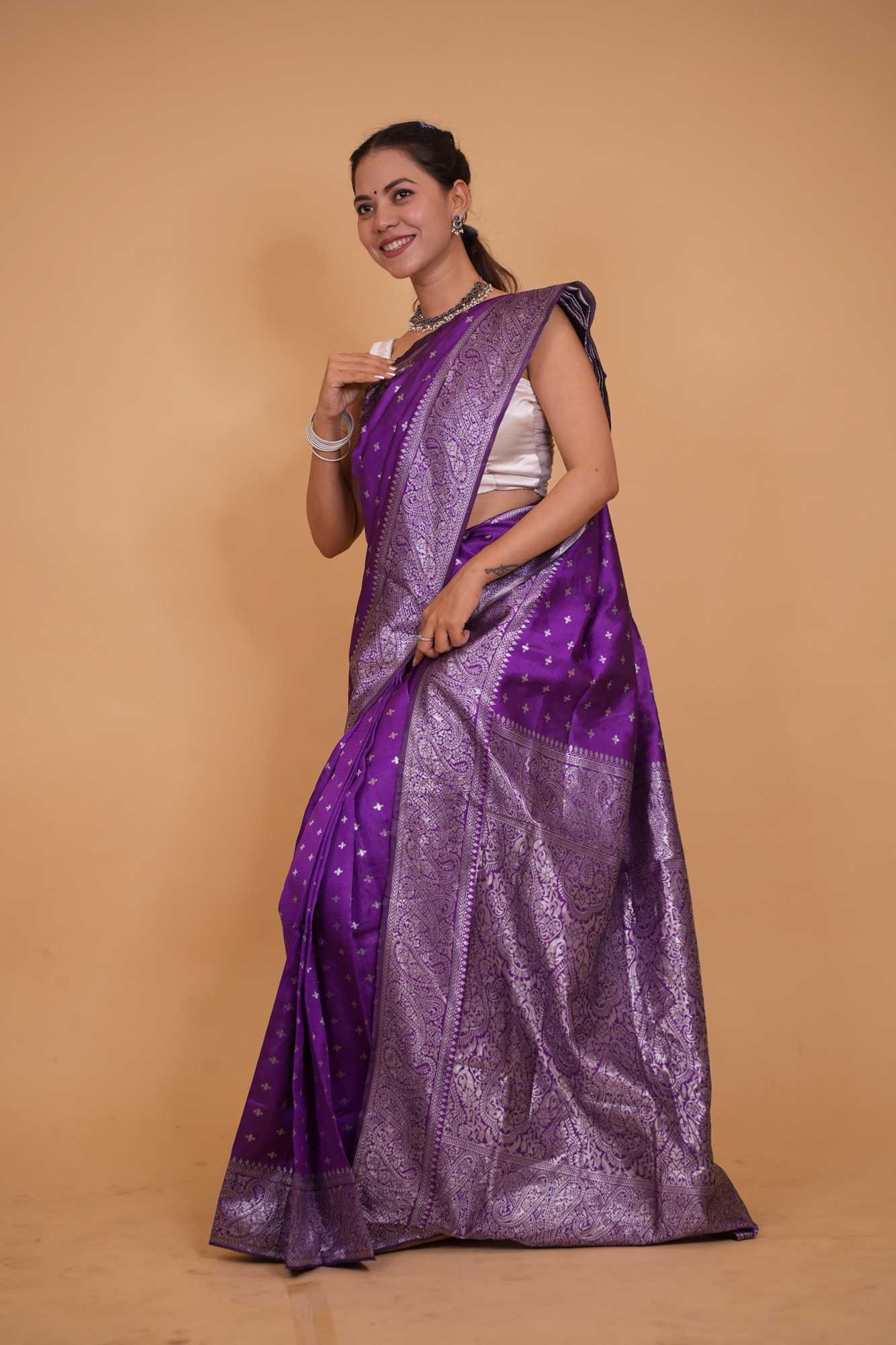 Gorgeous Purple Banarasi Soft Tissue Silk with Allover Zari Weaving , Paisley or Floral motifs & Weaving Pallu Wrap in 1 minute Saree