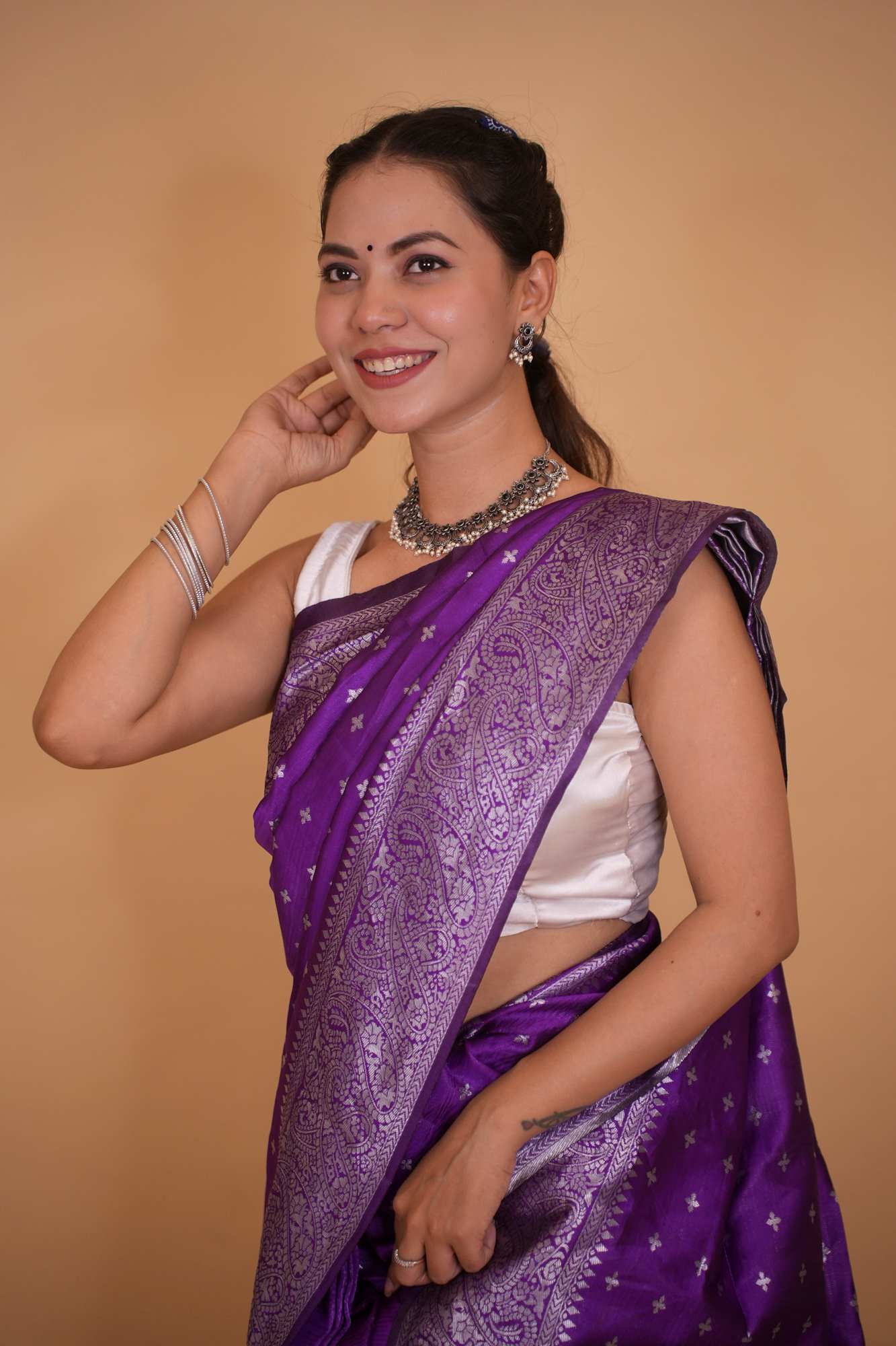Gorgeous Purple Banarasi Soft Tissue Silk with Allover Zari Weaving , Paisley or Floral motifs & Weaving Pallu Wrap in 1 minute Saree