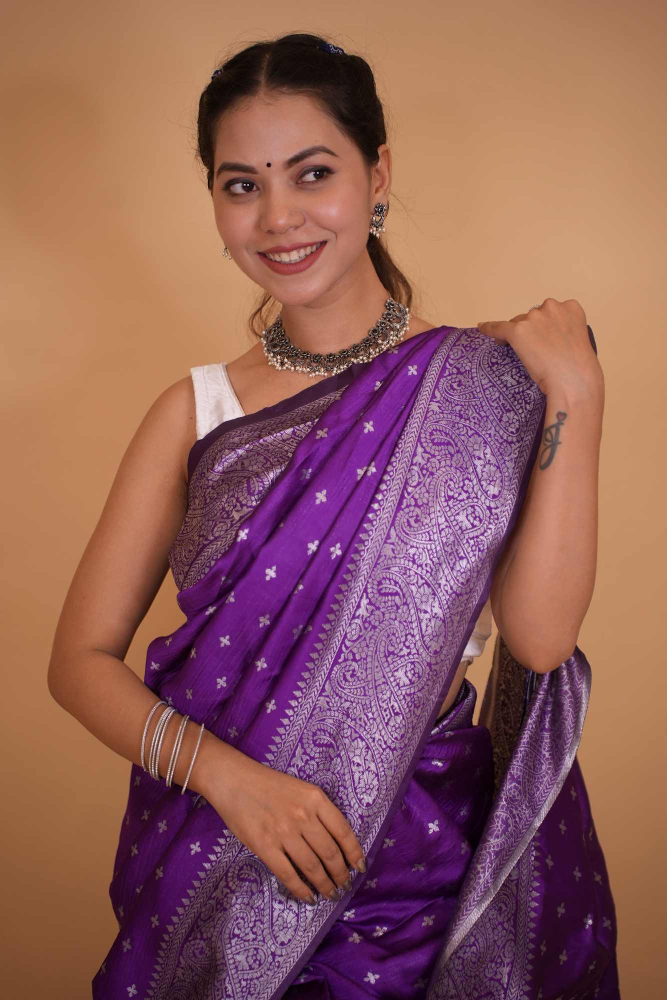 Gorgeous Purple Banarasi Soft Tissue Silk with Allover Zari Weaving , Paisley or Floral motifs & Weaving Pallu Wrap in 1 minute Saree