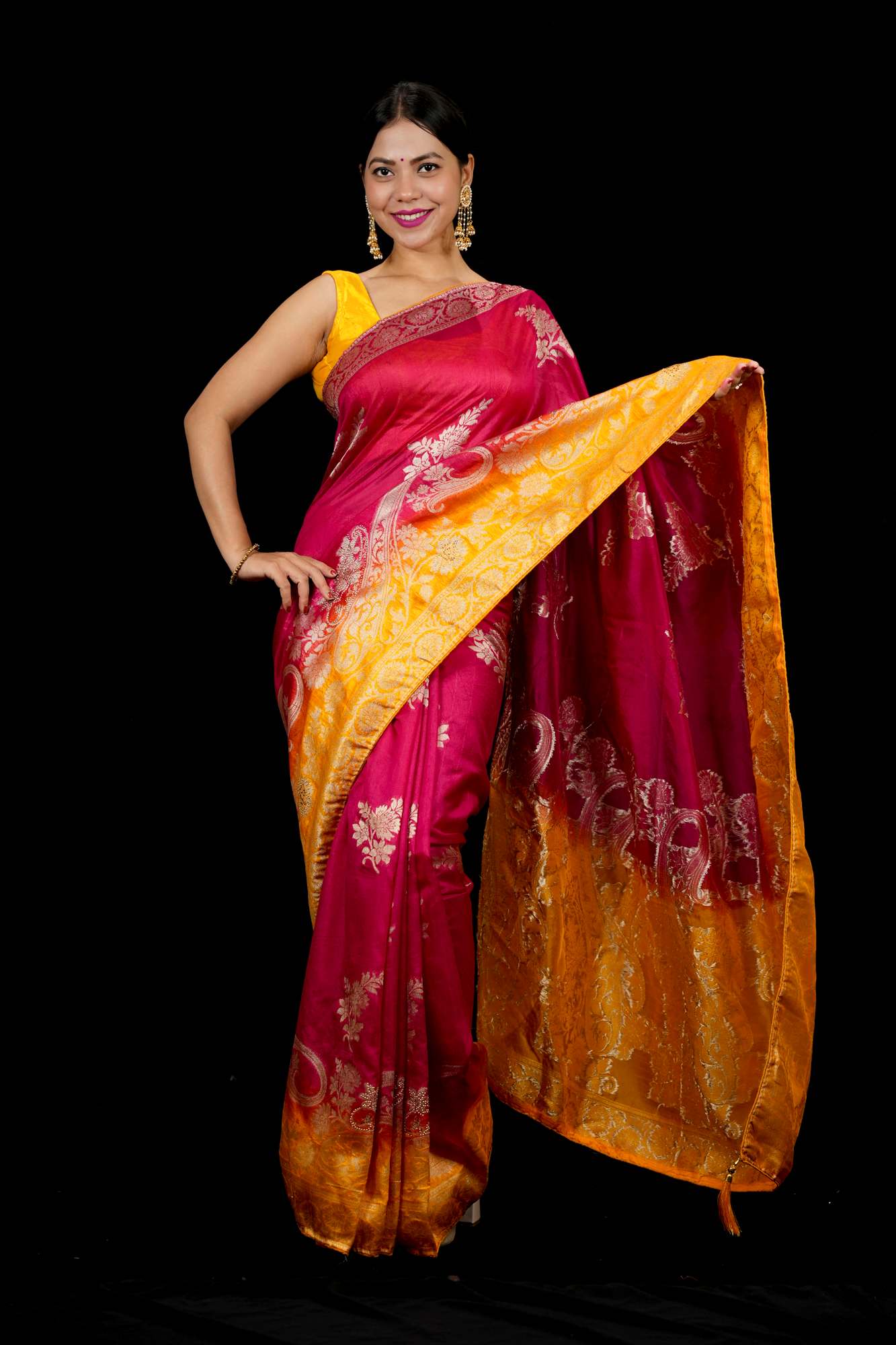 Silk with Floral Butta, Paisley Pallu & Intricate Zari Border Ready To Wear Saree