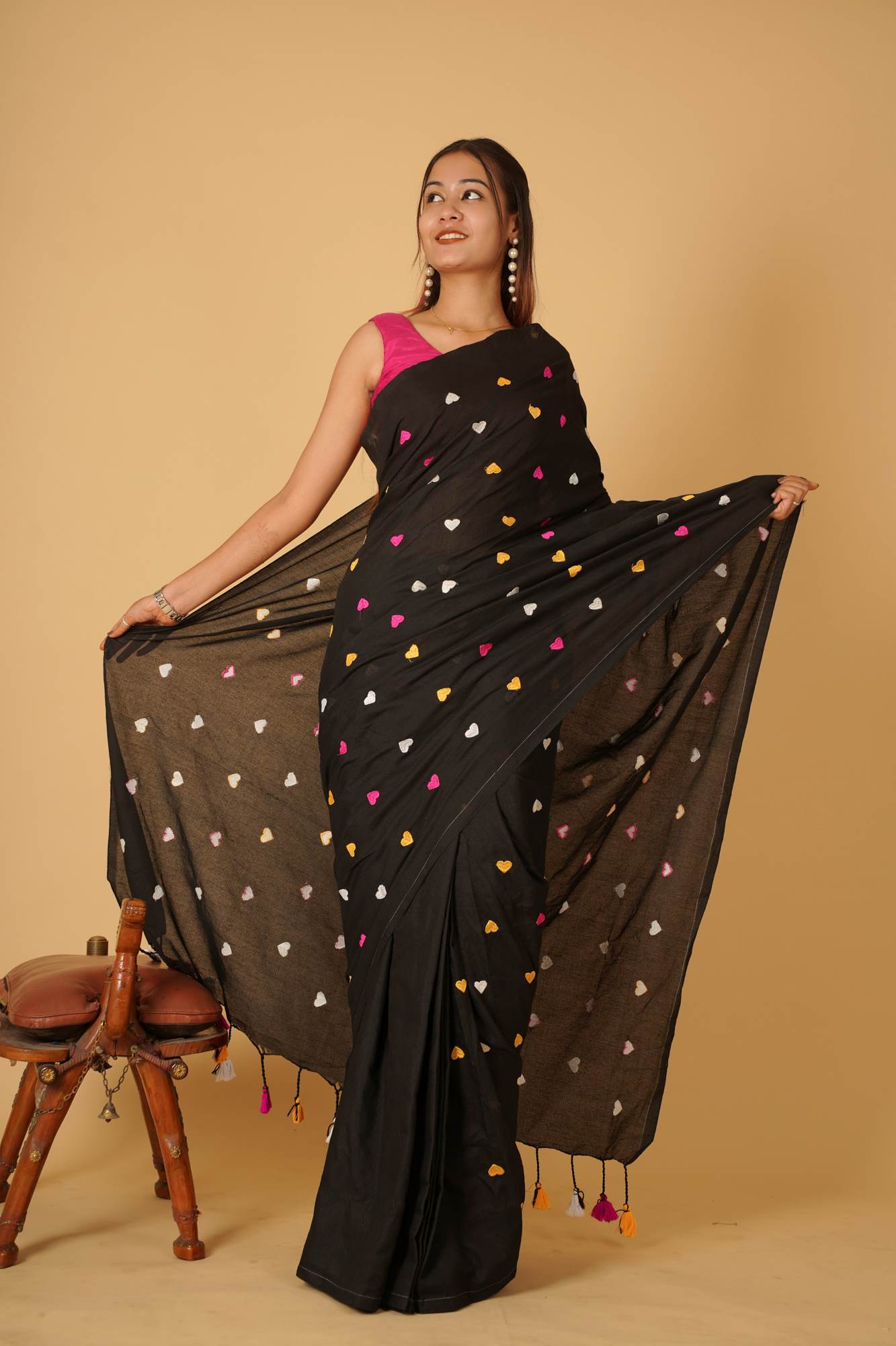 Beautiful Black With Multicolor Heart Embroidered Overall Soft Khadi Cotton & Tassels On Pallu Ready To Wear Saree