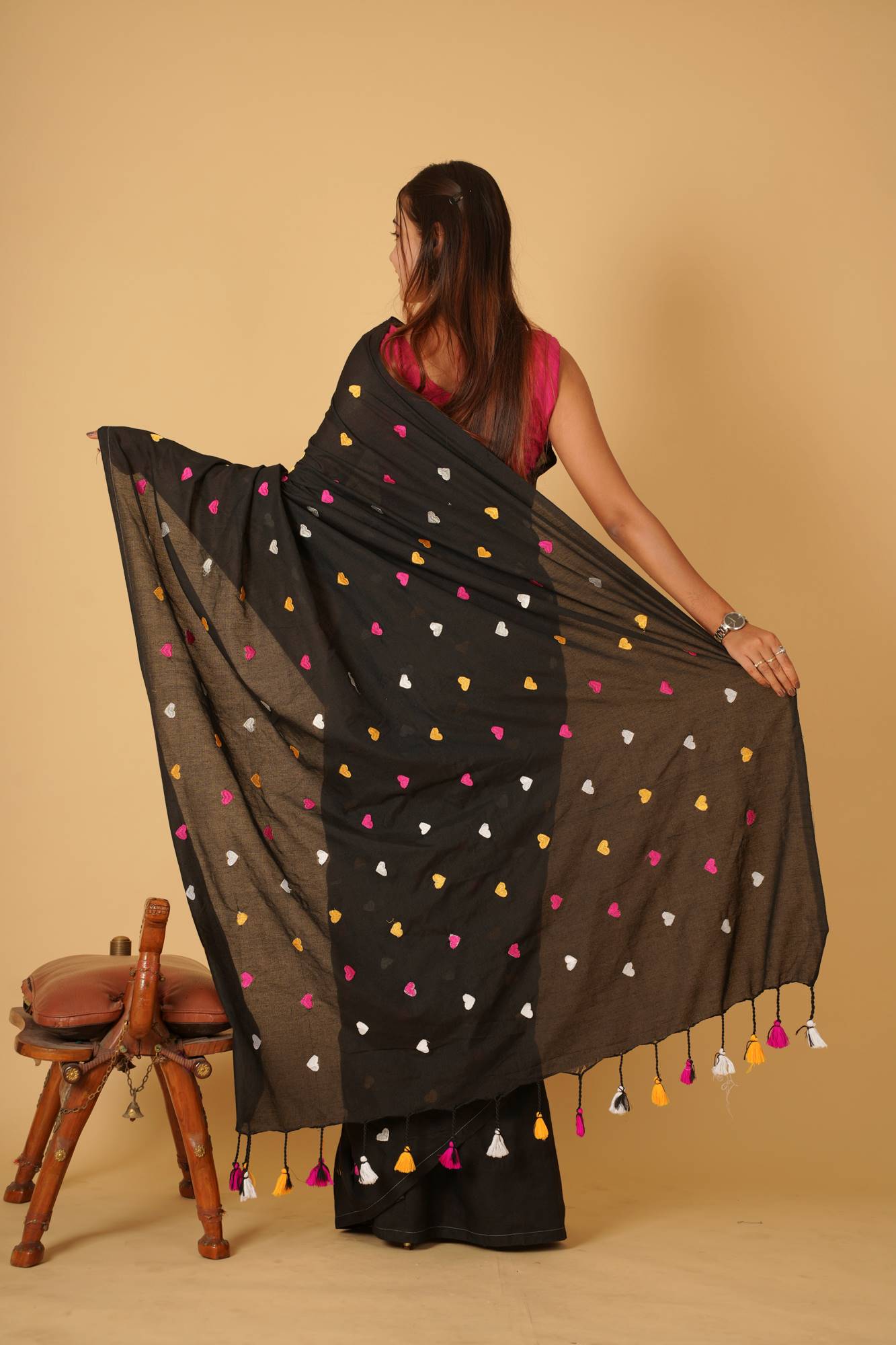 Beautiful Black With Multicolor Heart Embroidered Overall Soft Khadi Cotton & Tassels On Pallu Ready To Wear Saree