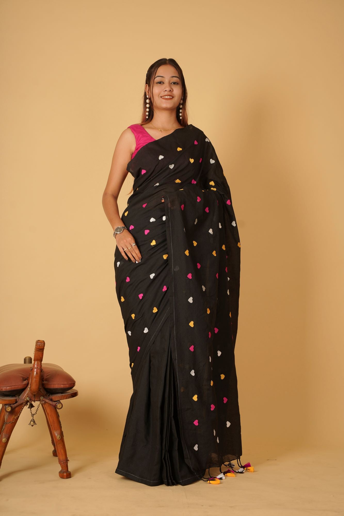 Beautiful Black With Multicolor Heart Embroidered Overall Soft Khadi Cotton & Tassels On Pallu Ready To Wear Saree