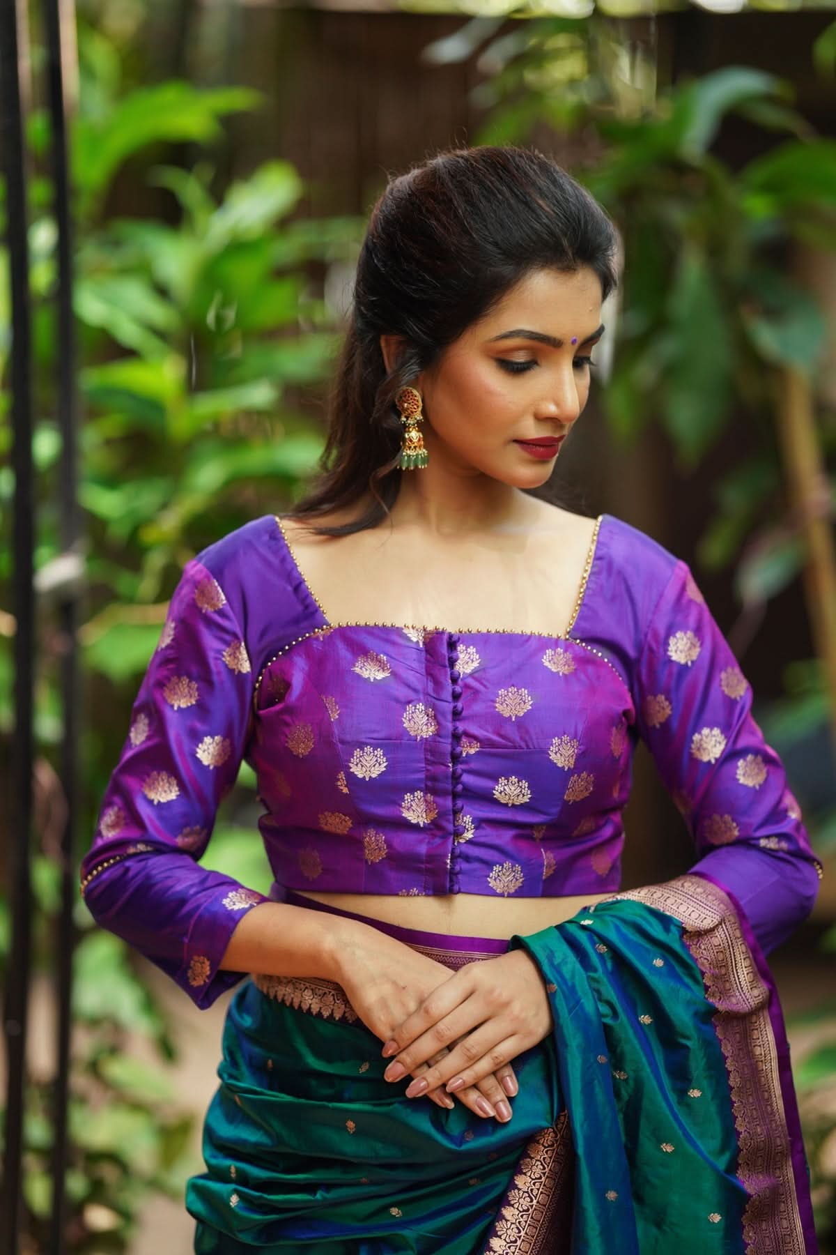 Violet pure silk two fabric square neck blouse, Made to Order | Shobitam
