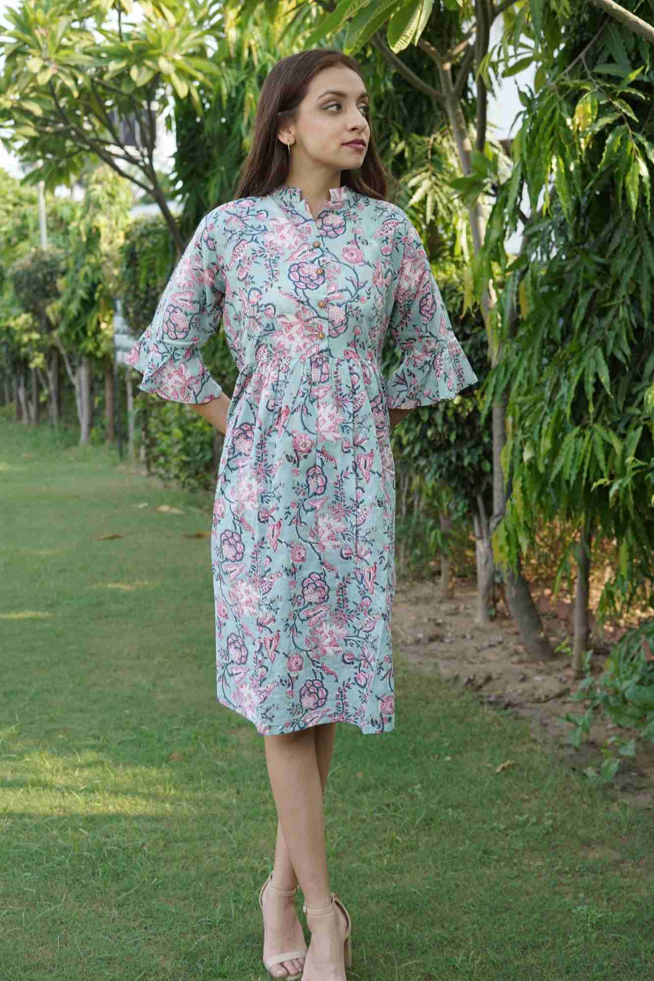 Pastel Love Dress in Mint Green Cotton with floral hand block print