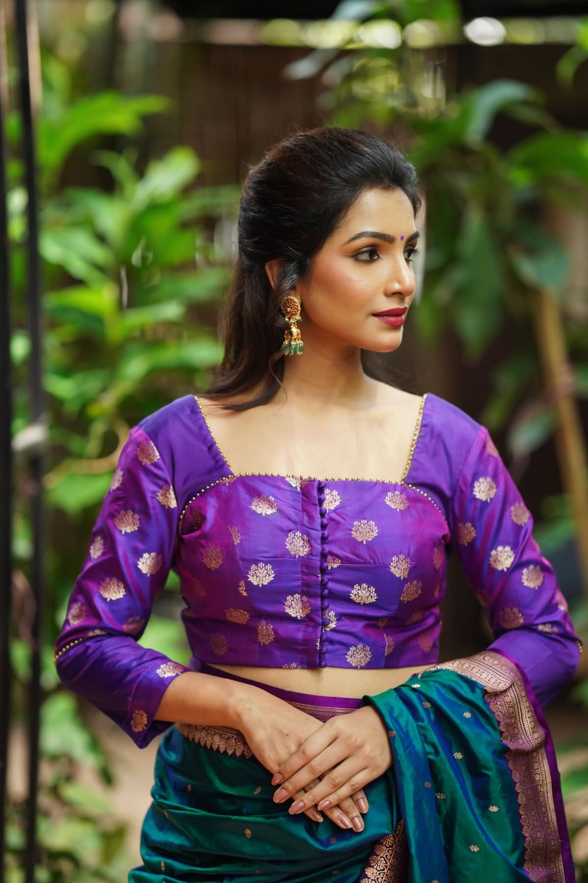 Violet pure silk two fabric square neck blouse, Made to Order | Shobitam