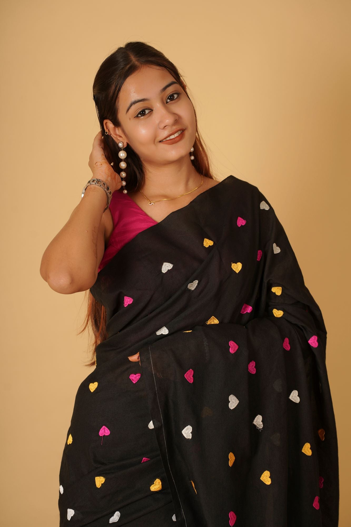 Beautiful Black With Multicolor Heart Embroidered Overall Soft Khadi Cotton & Tassels On Pallu Ready To Wear Saree