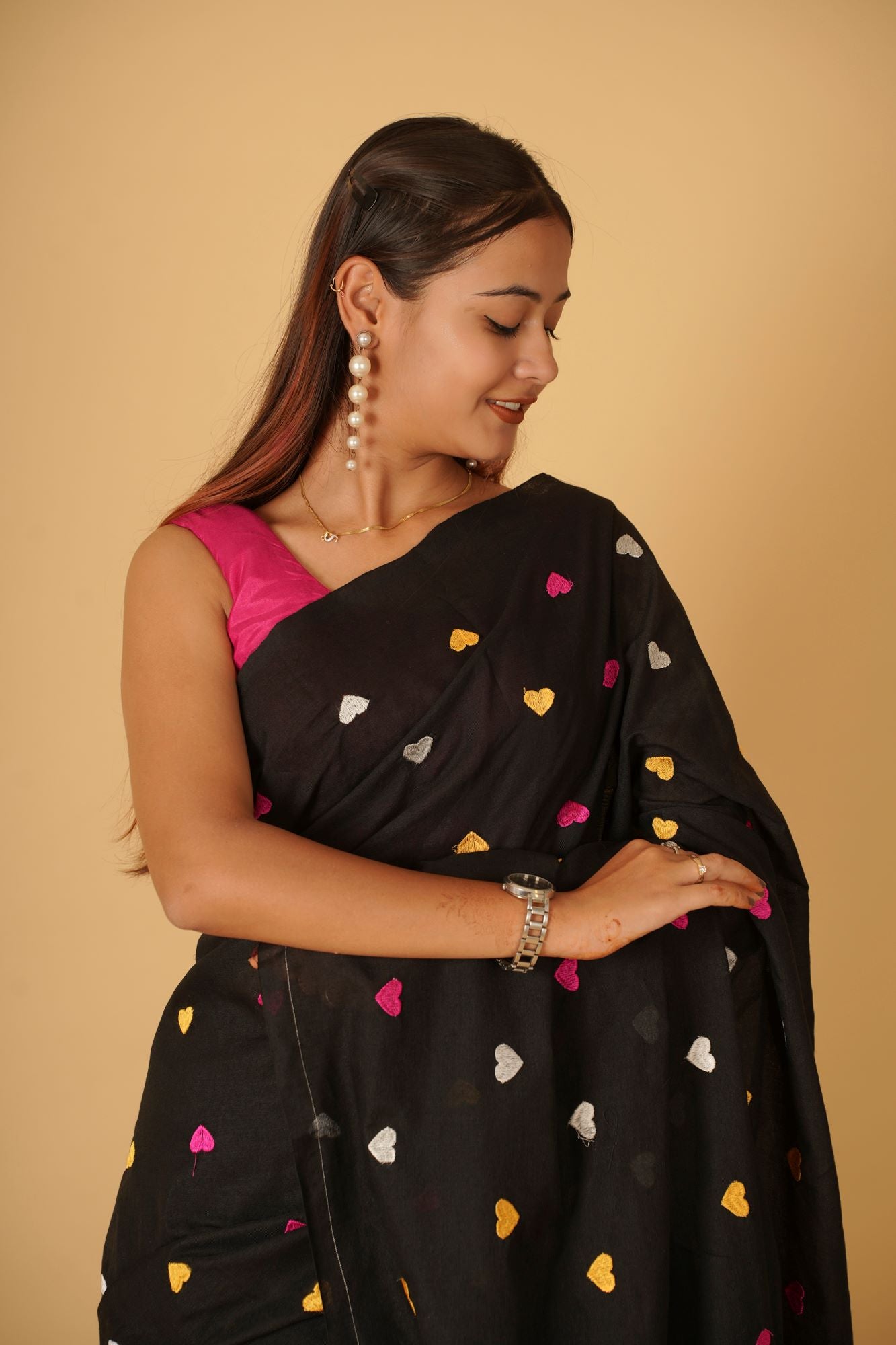Beautiful Black With Multicolor Heart Embroidered Overall Soft Khadi Cotton & Tassels On Pallu Ready To Wear Saree