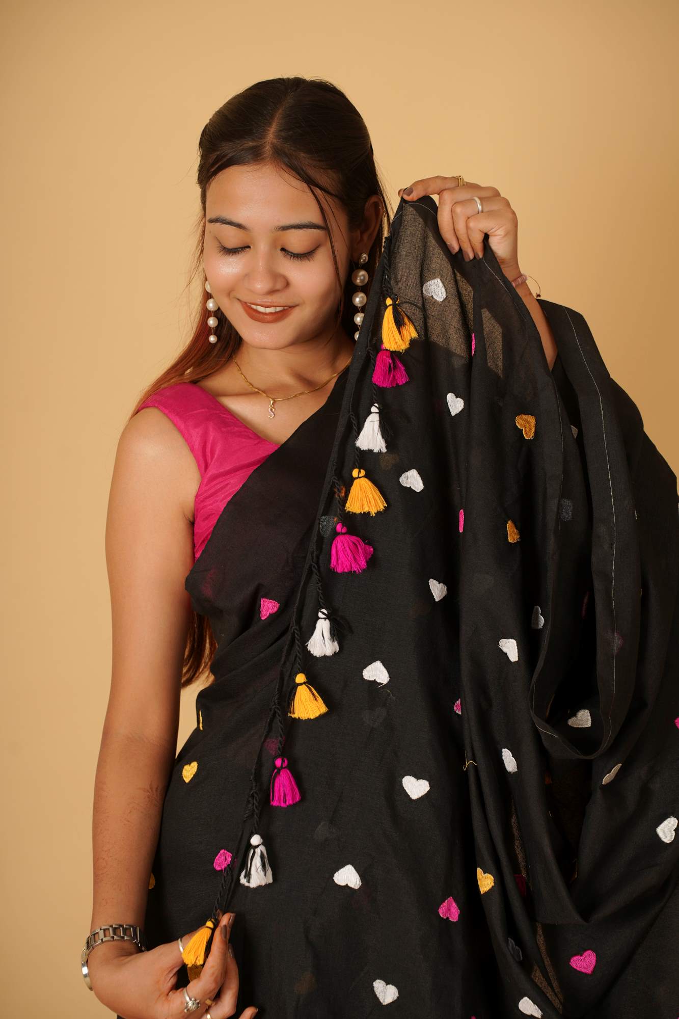 Beautiful Black With Multicolor Heart Embroidered Overall Soft Khadi Cotton & Tassels On Pallu Ready To Wear Saree