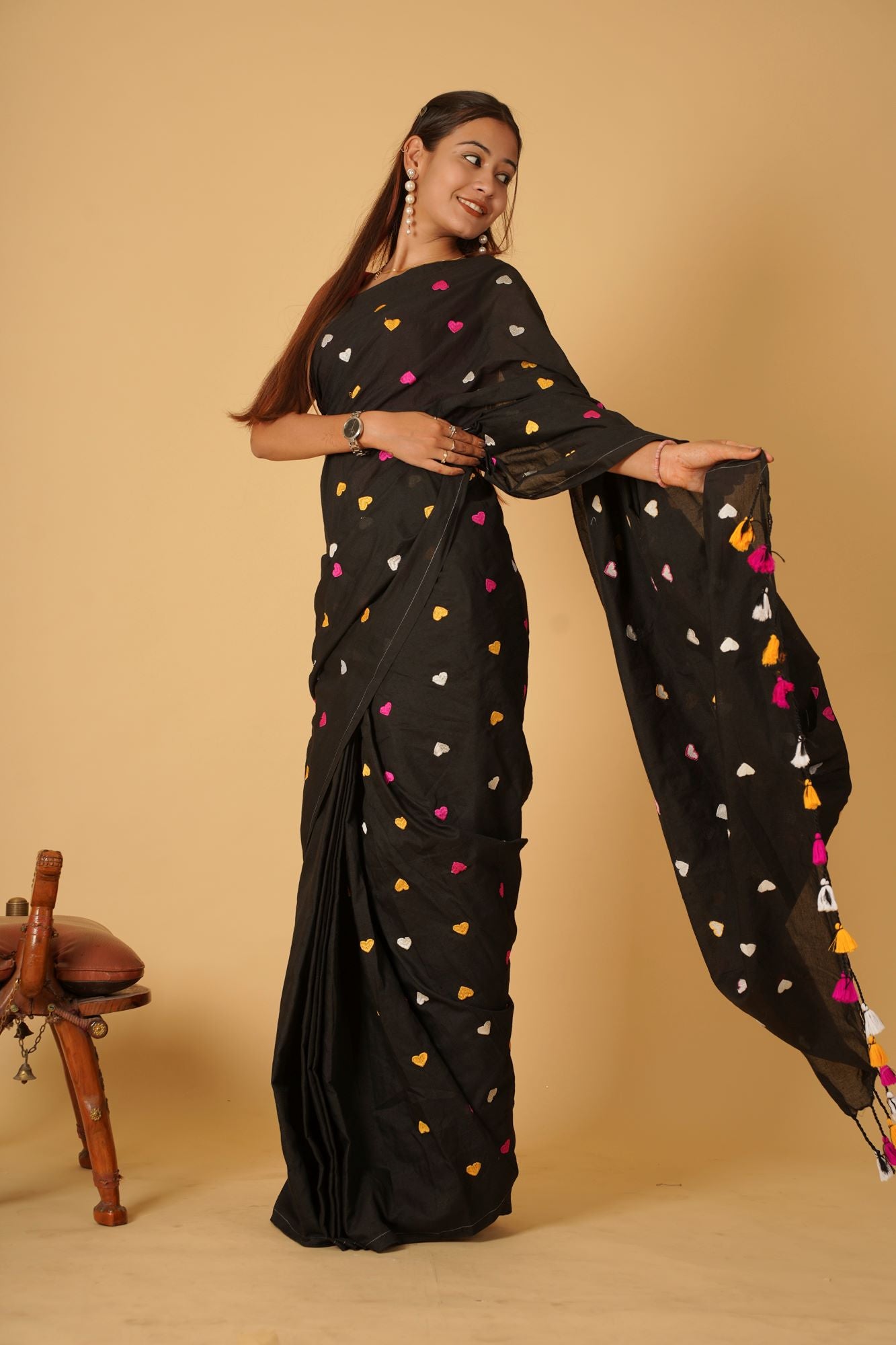 Beautiful Black With Multicolor Heart Embroidered Overall Soft Khadi Cotton & Tassels On Pallu Ready To Wear Saree
