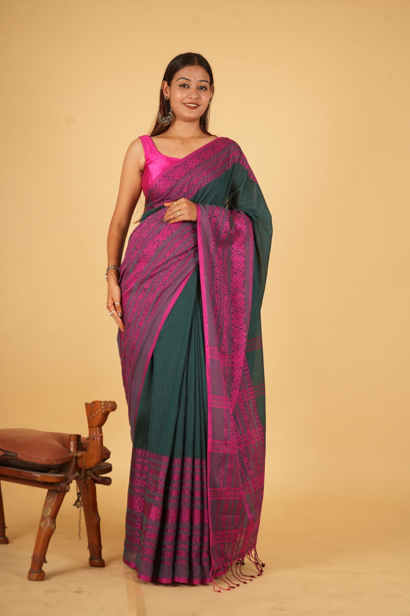 Cotton Green With Contrast Pink Begampuri Woven Ready To Wear Saree