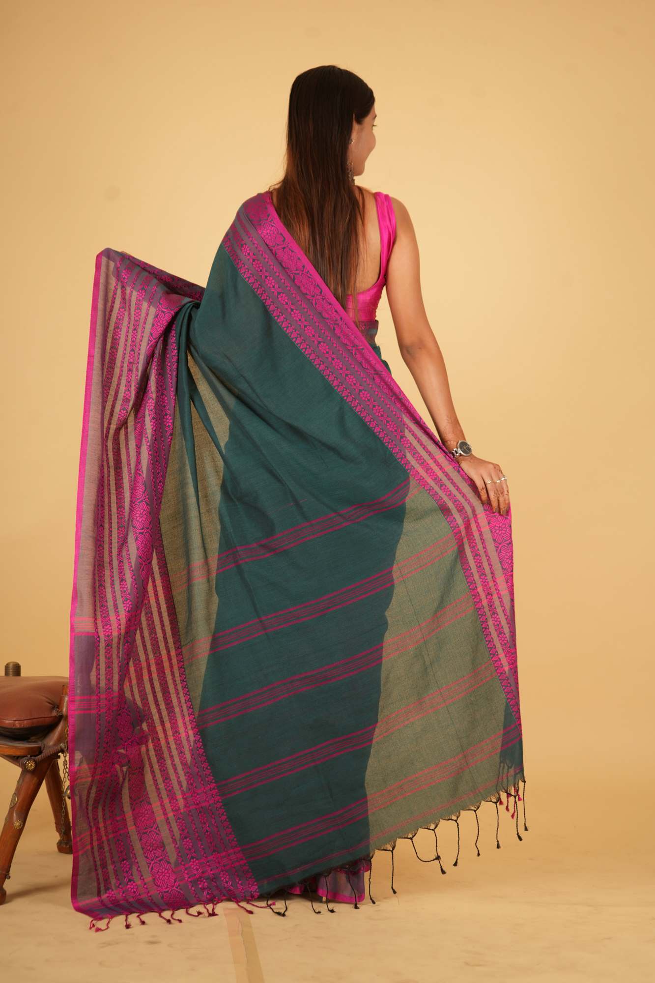 Cotton Green With Contrast Pink Begampuri Woven Ready To Wear Saree