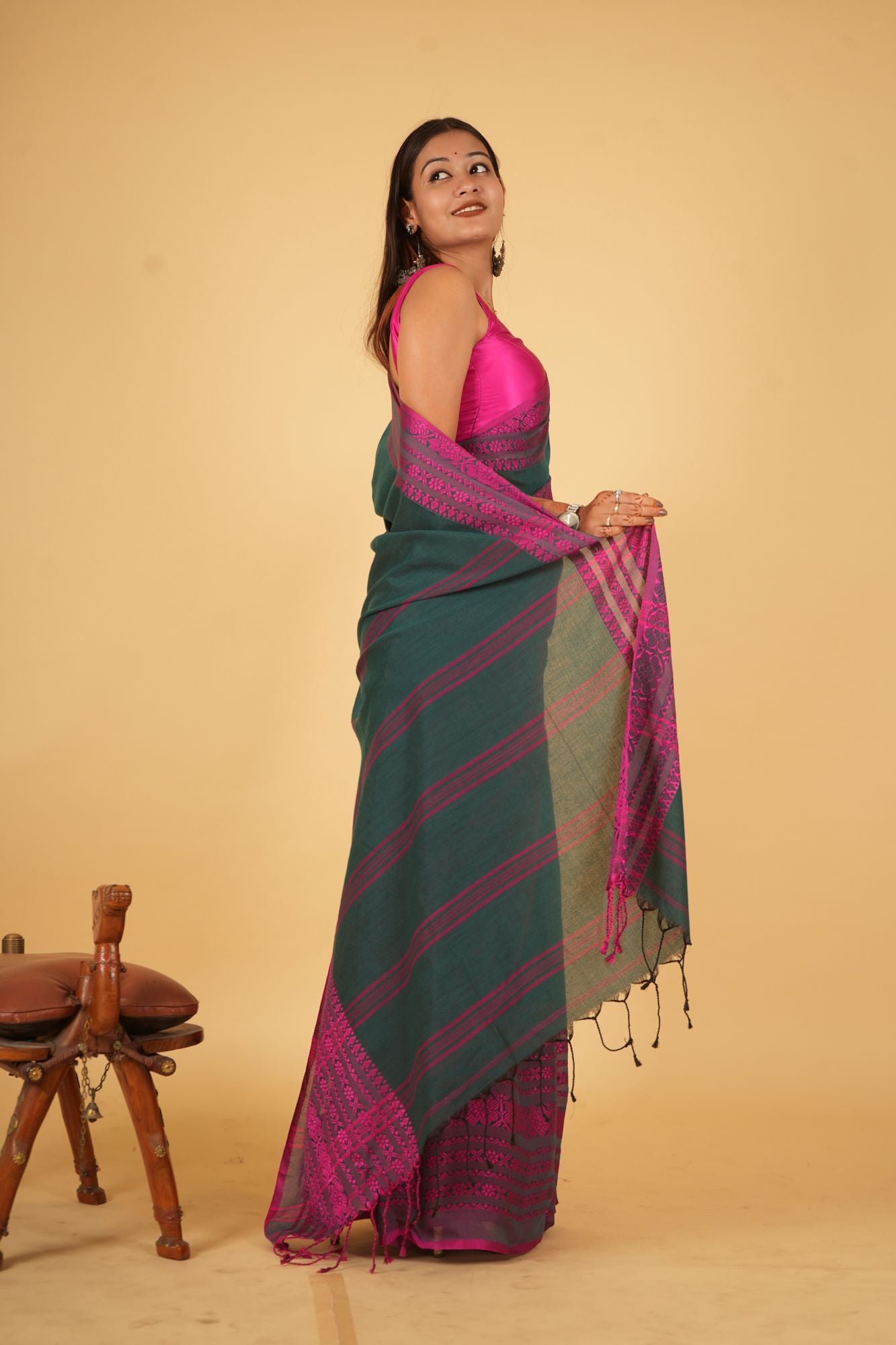 Cotton Green With Contrast Pink Begampuri Woven Ready To Wear Saree