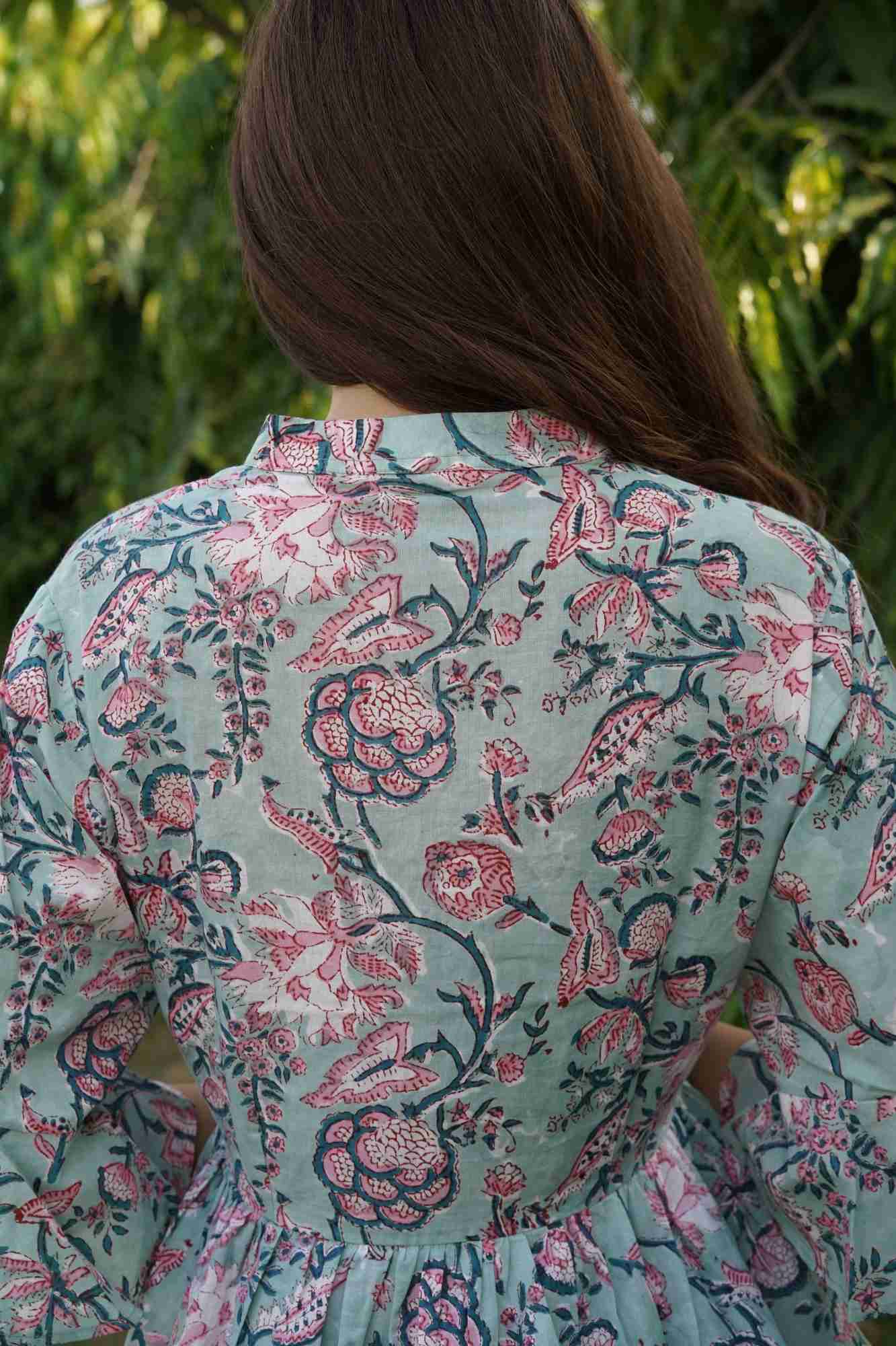 Pastel Love Dress in Mint Green Cotton with floral hand block print