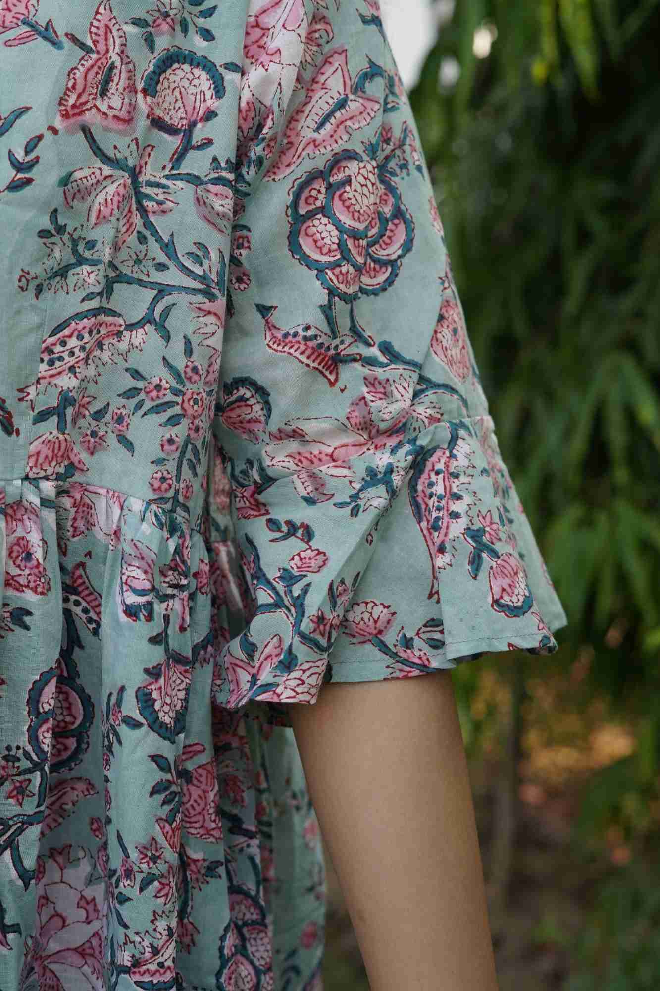 Pastel Love Dress in Mint Green Cotton with floral hand block print