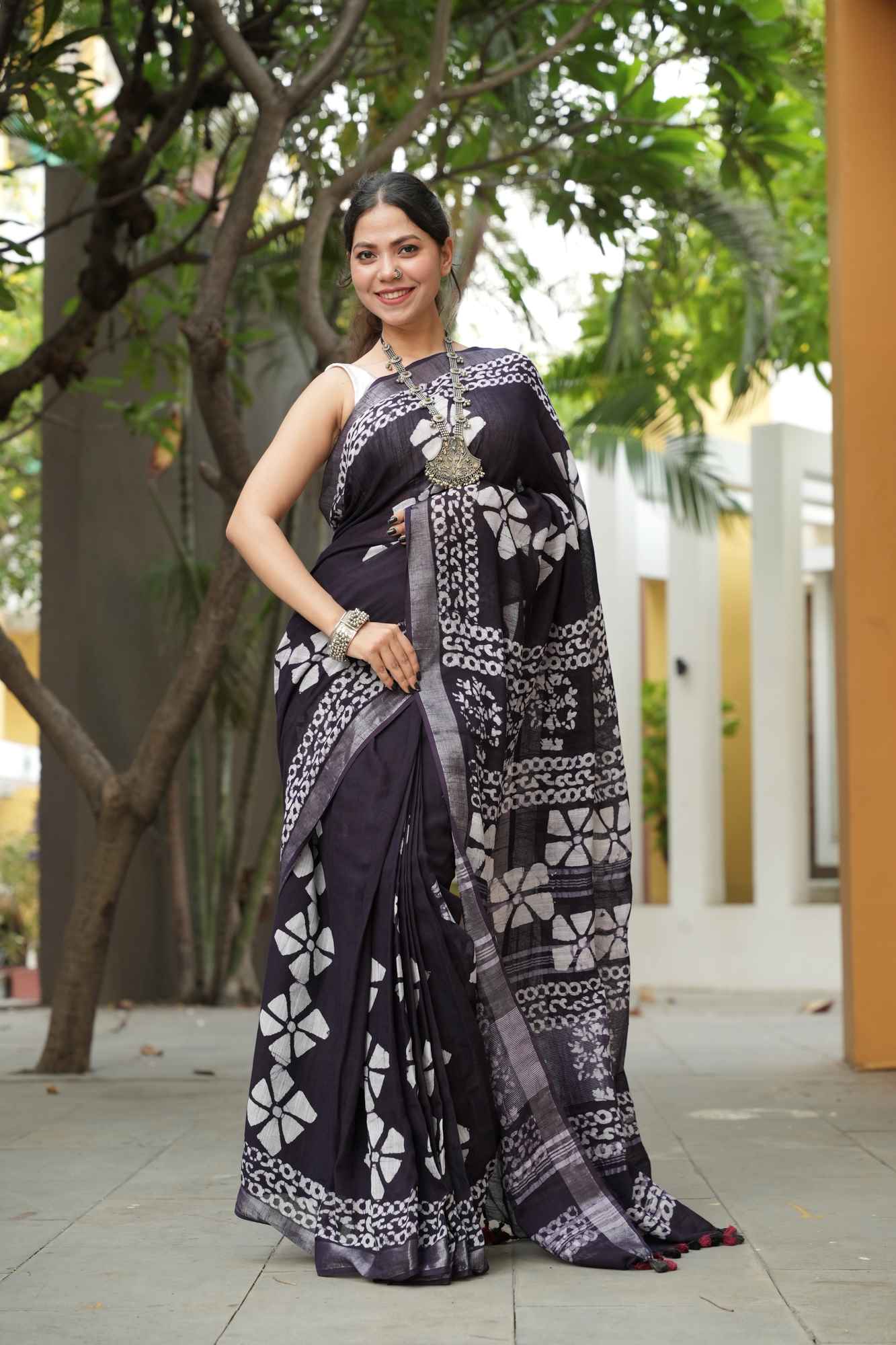 Traditional Jaipuri Print Linen Cotton Ready to wear Saree